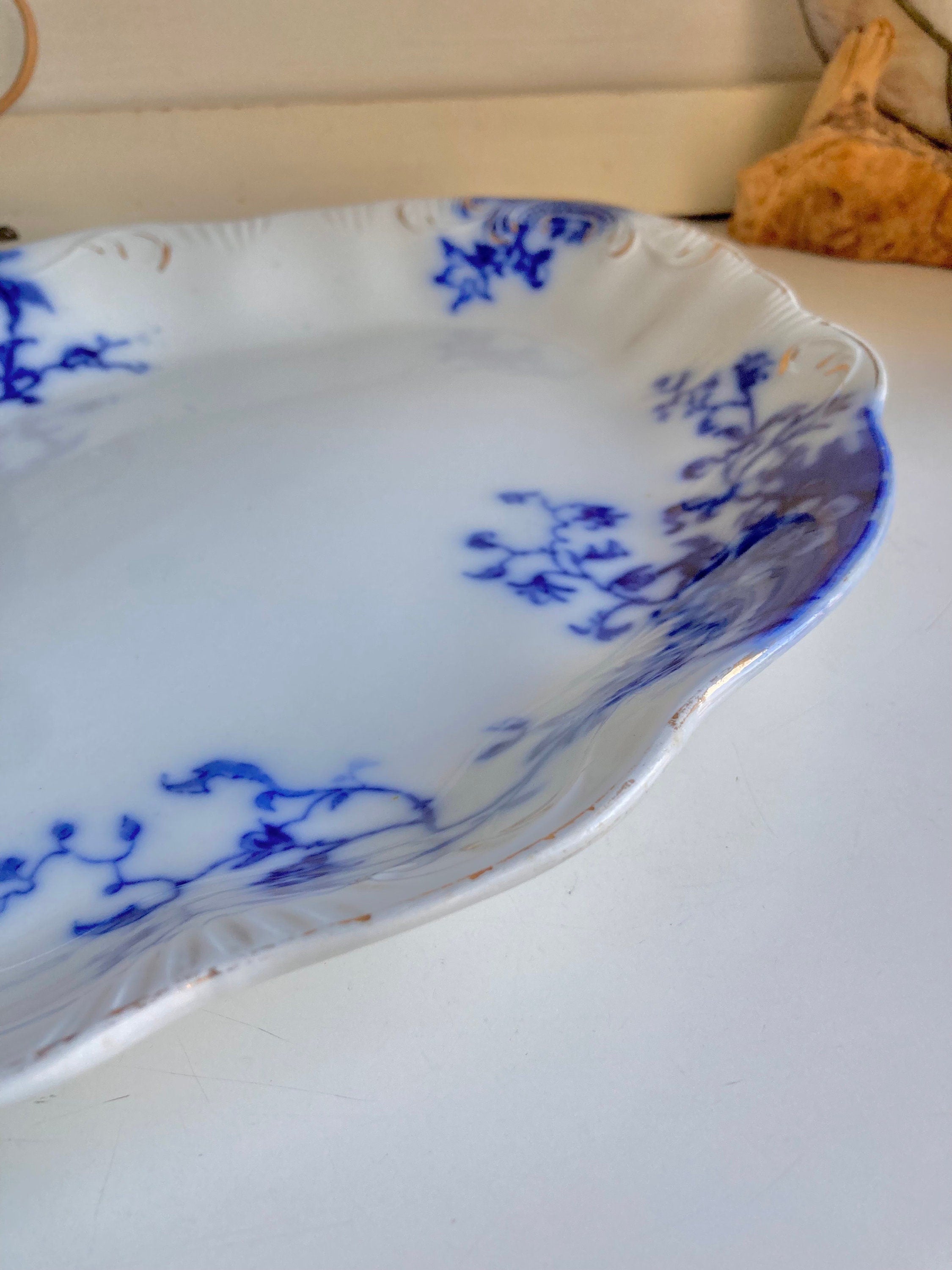 Antique Grindley Flow Blue Platter: 16" Floral Foliage, Gilding