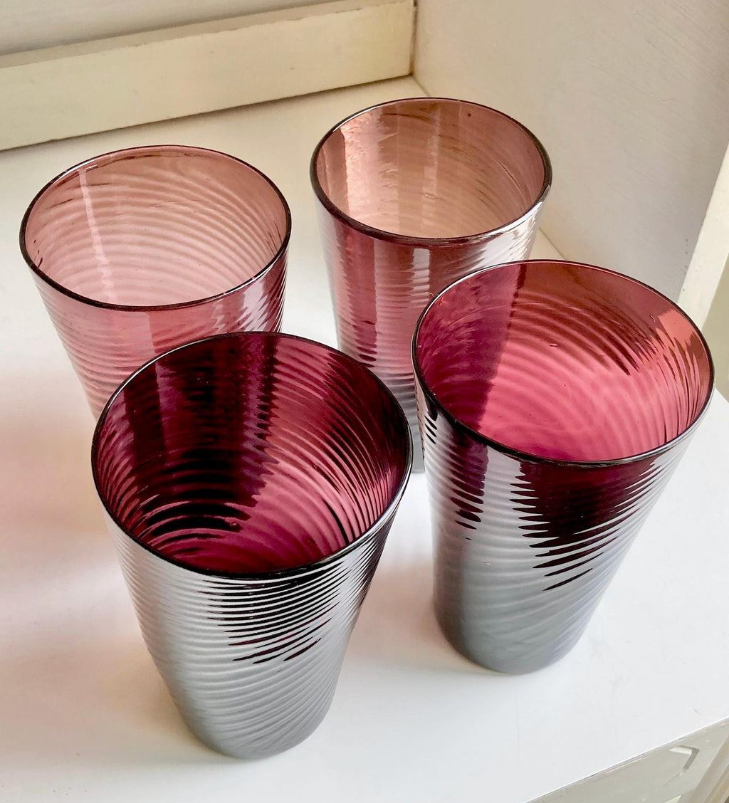 Vintage Hand Blown Amethyst Swirl Glass Tumblers - Set of 4