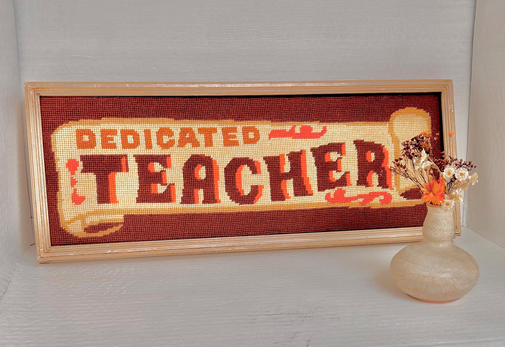Vintage Framed Needlepoint Art: "Dedicated Teacher" Crewel Yarn Picture