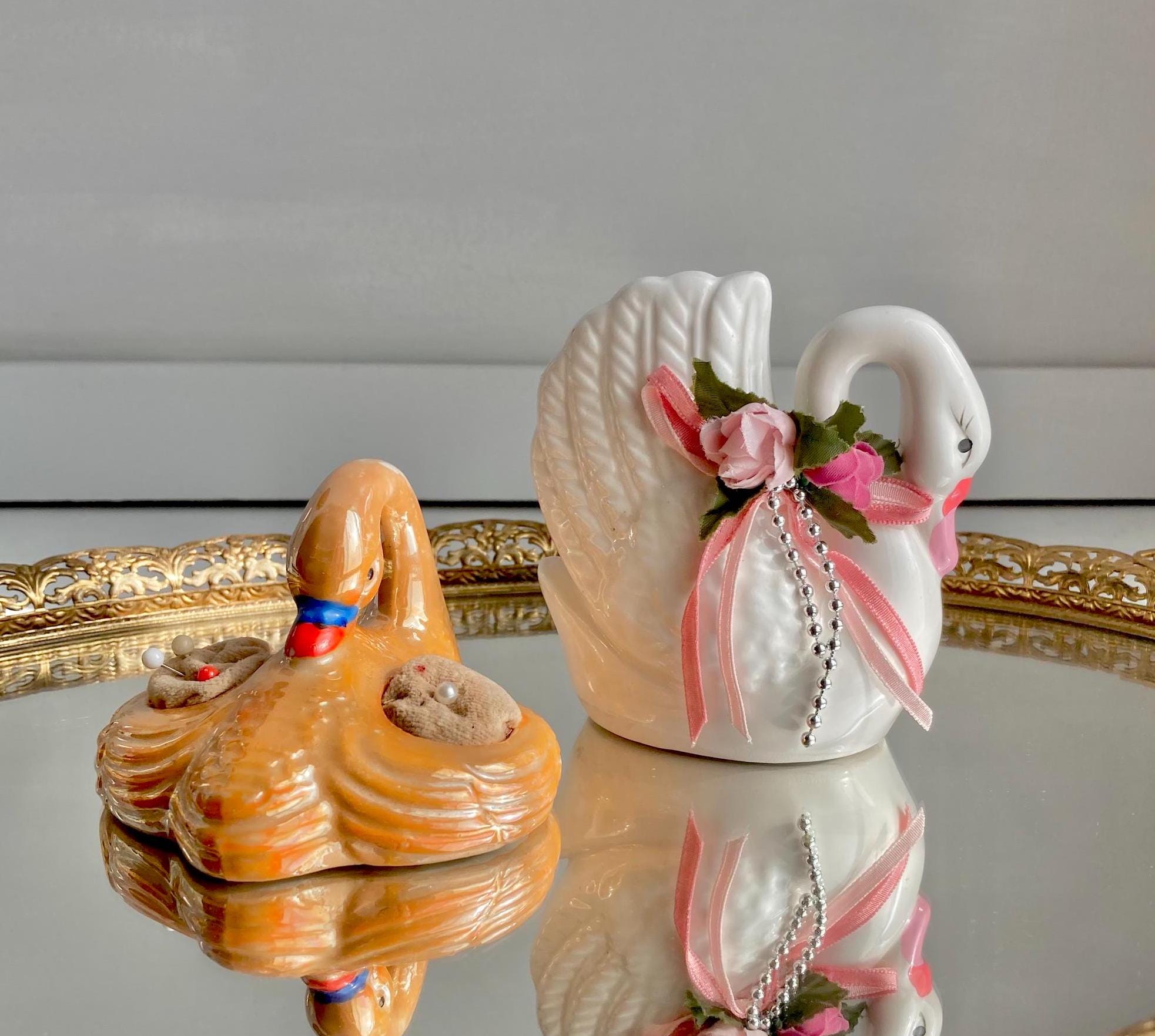 Vintage Ceramic Swan Figurines: Orange Luster Pin Cushion or White Floral Swan