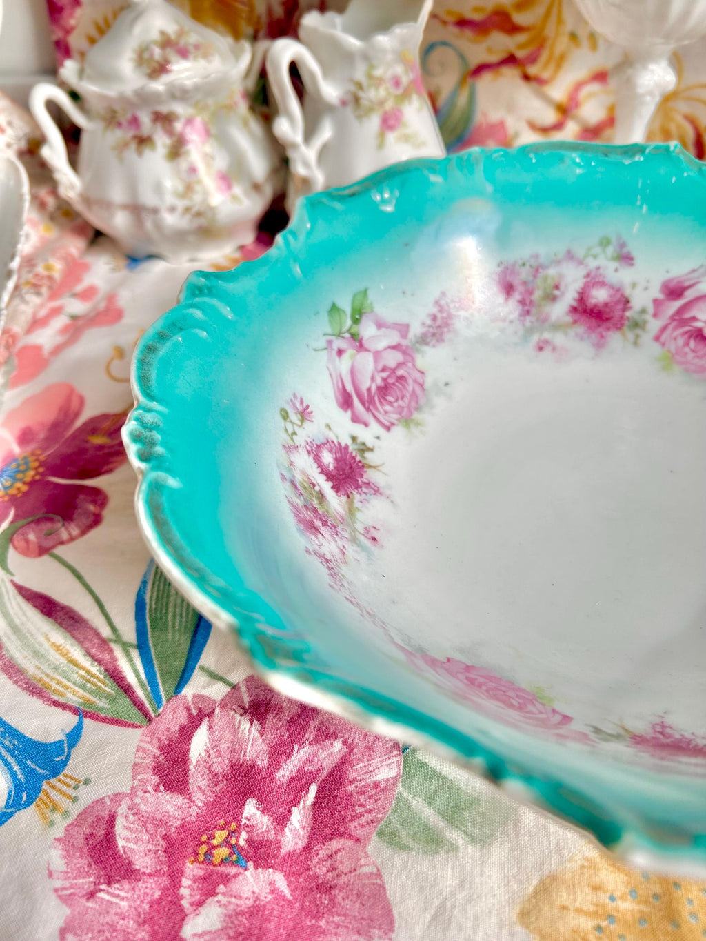 Vintage Porcelain Serving Bowl: Teal Rim, Rose Garland, Scalloped Edge (10-inch)