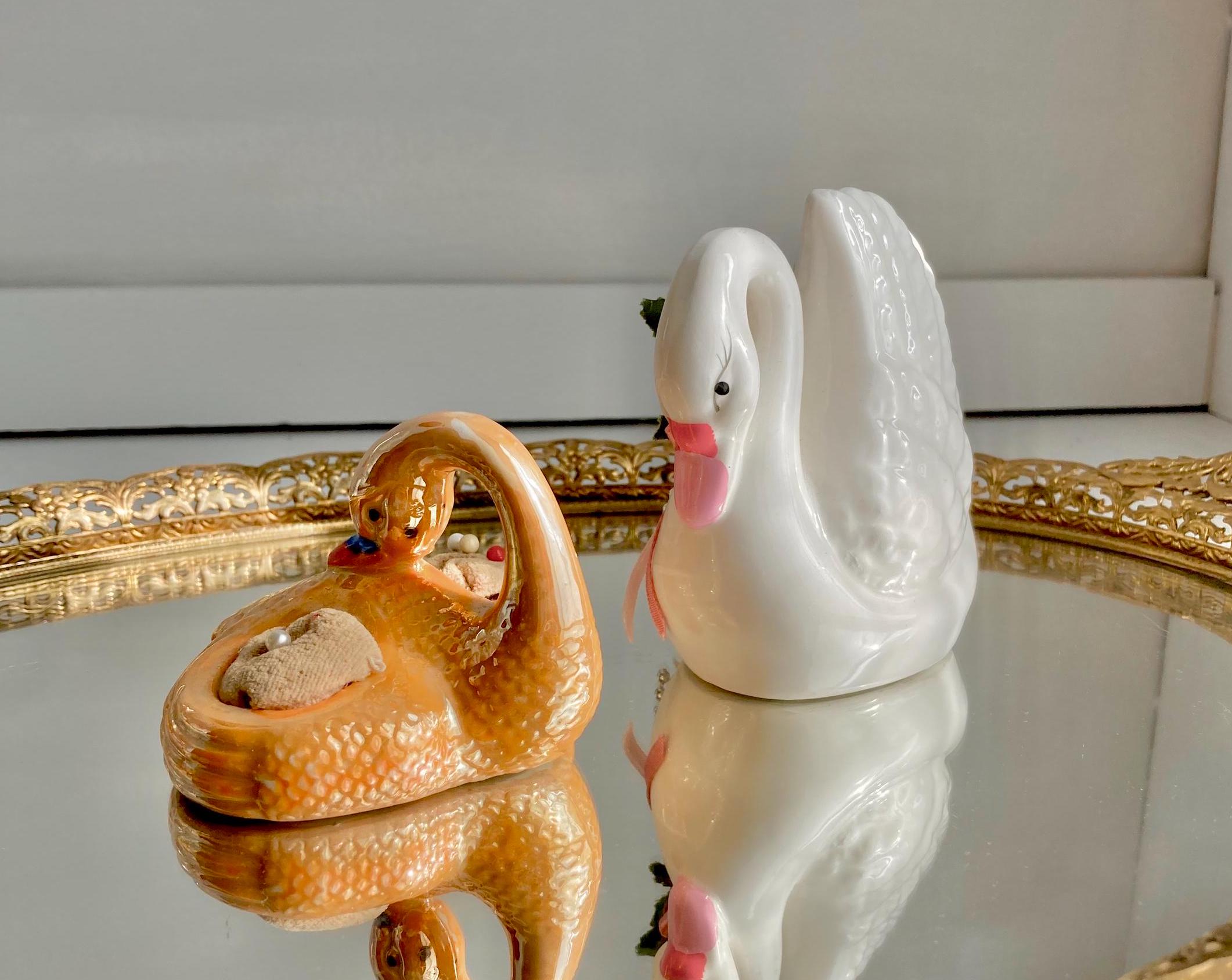 Vintage Ceramic Swan Figurines: Orange Luster Pin Cushion or White Floral Swan