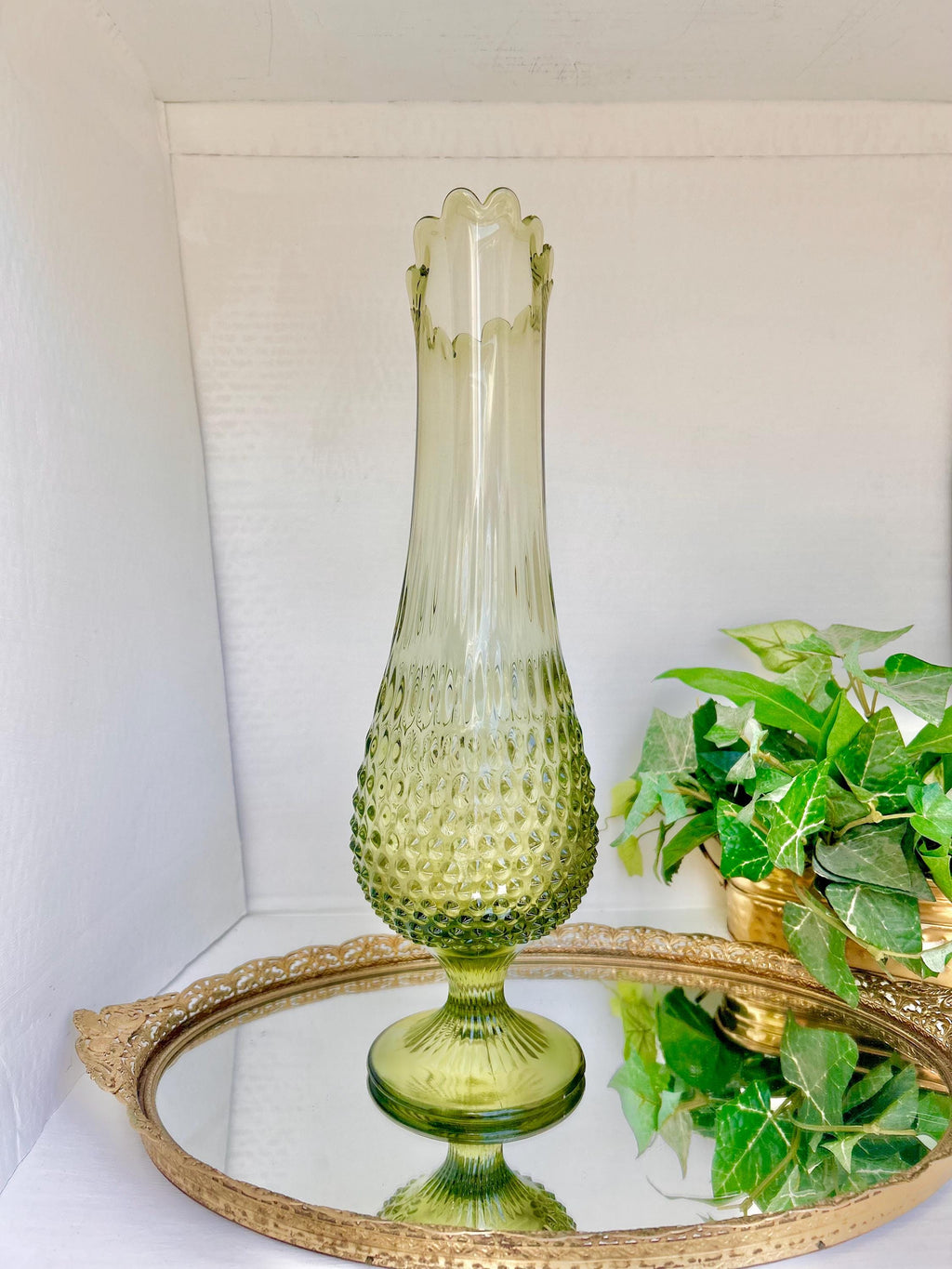 Mid-Century Fenton 17 inch Glass Swung Vase: Avocado Green Hobnail, 1960s