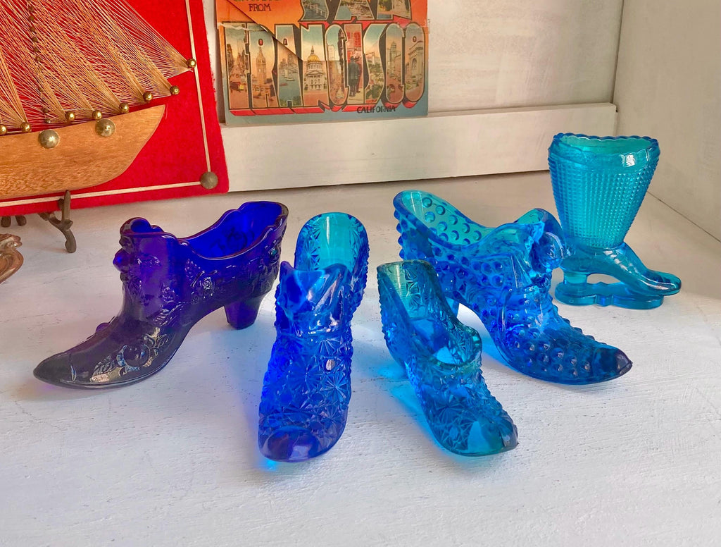 Vintage Blue Glass Slippers: Fenton, LE Smith, Hobnail, Daisy Button