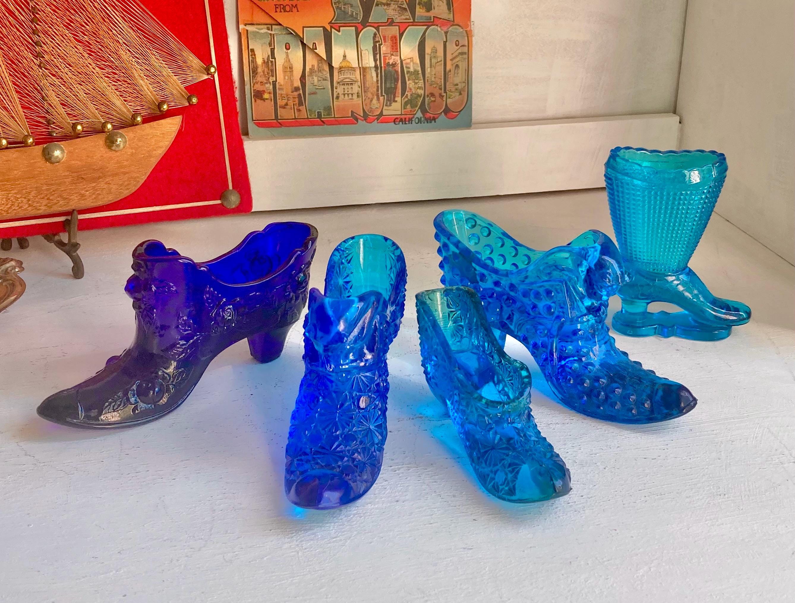 Vintage Blue Glass Slippers: Fenton, LE Smith, Hobnail, Daisy Button