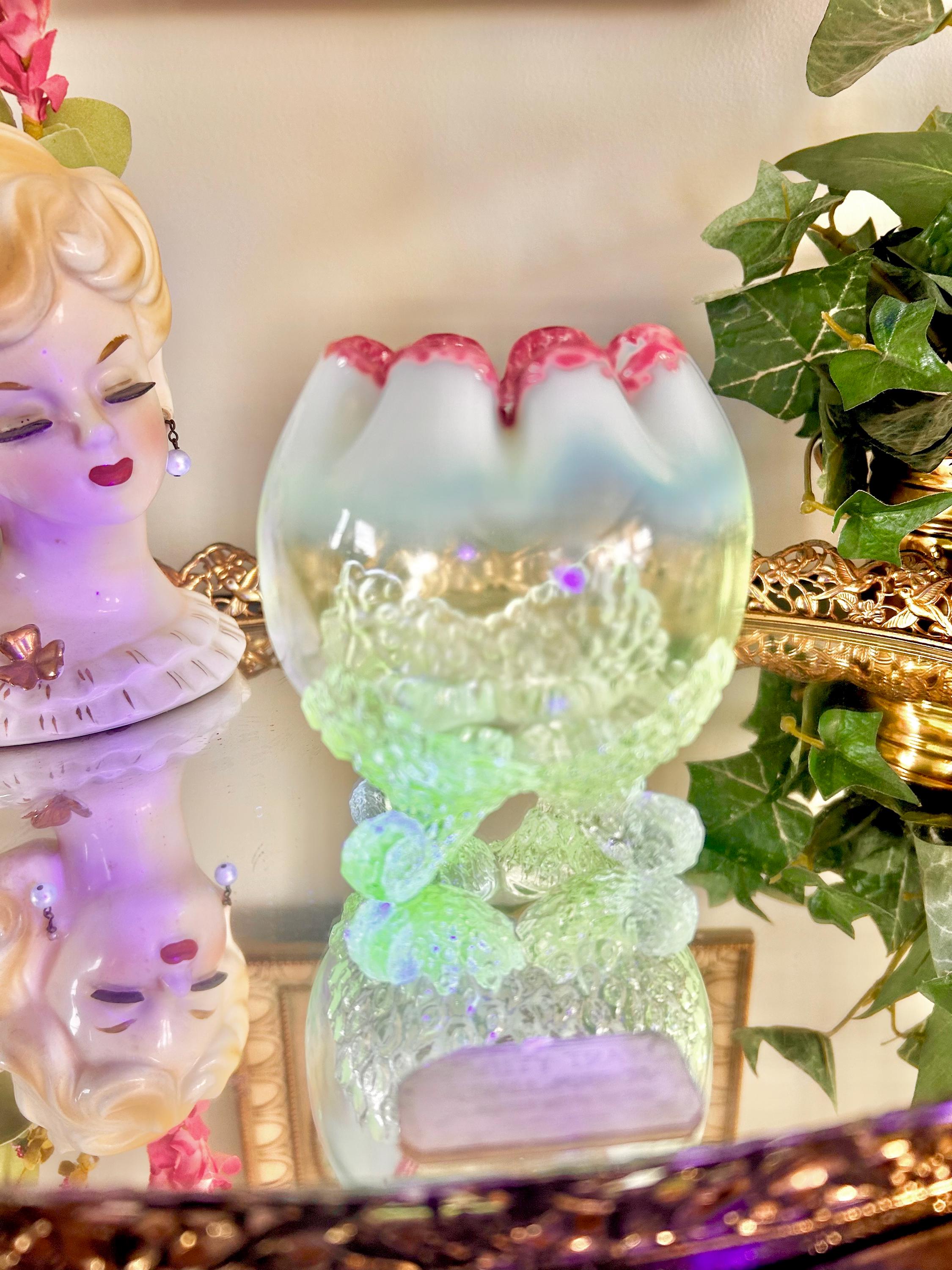 Antique EAPG Uranium Clear and Opalescent Glass Footed Rose Bowl with Pink Edge