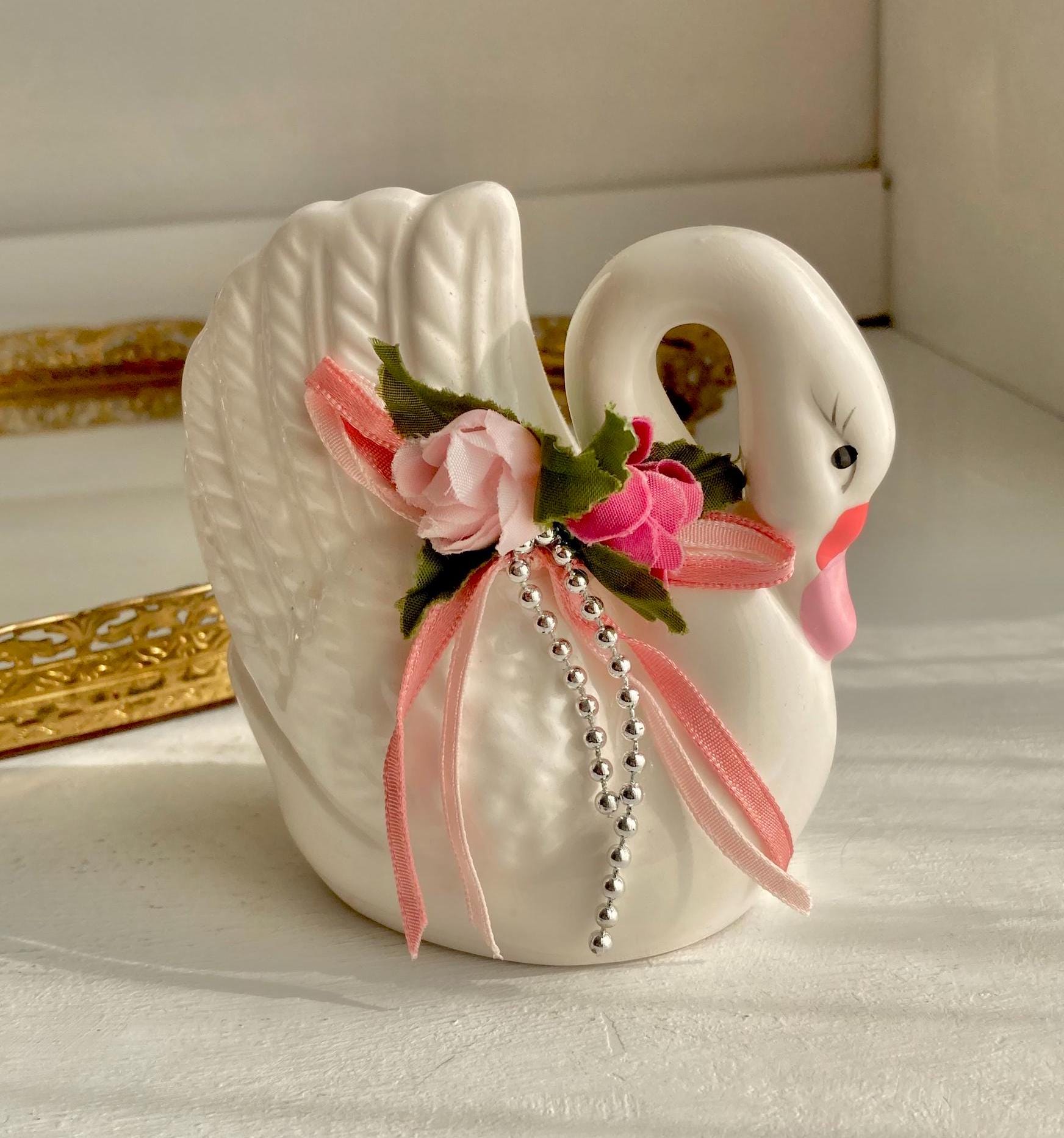 Vintage Ceramic Swan Figurines: Orange Luster Pin Cushion or White Floral Swan