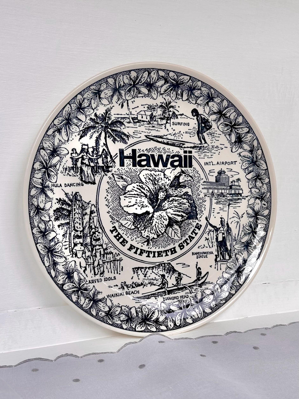 Vintage Hawaii Souvenir Plate: Navy Blue & White American Ironstone