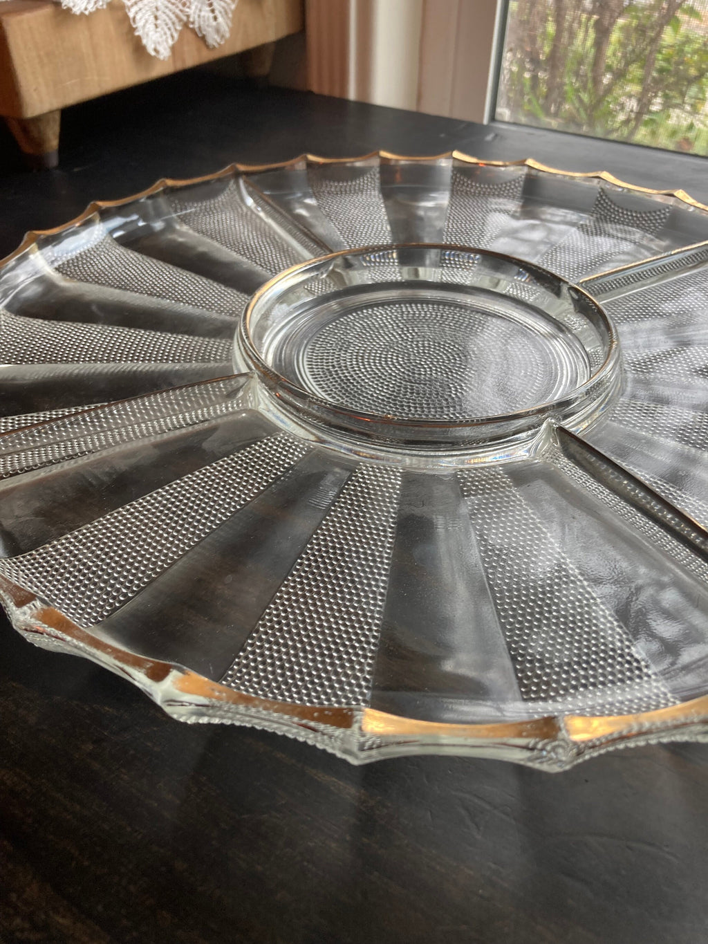 Vintage Jeanette Dewdrop Glass Serving Platter: Gold Wavy Edge, 5-Part Dish