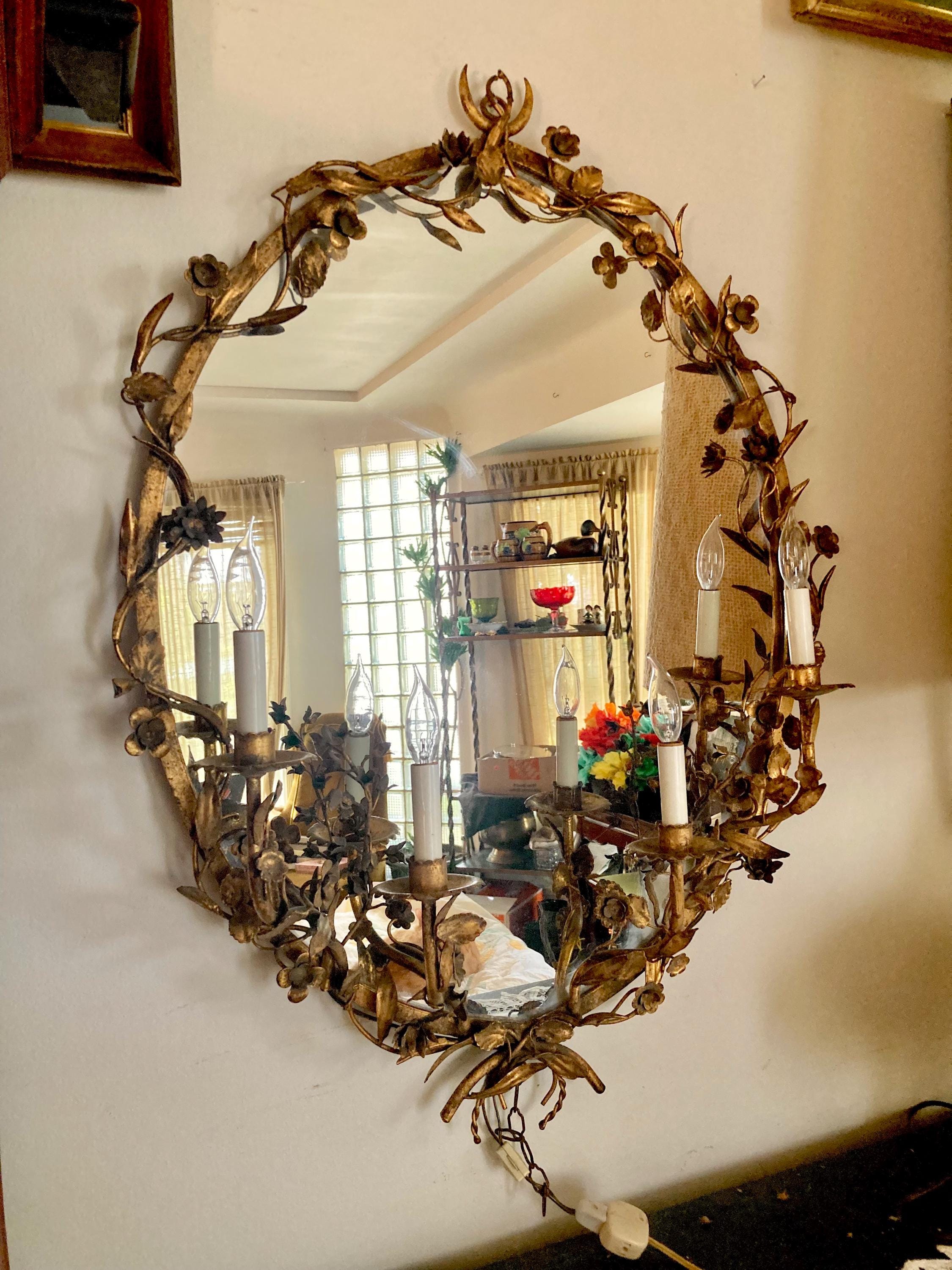 Vintage Gilt Floral Garland Framed Electric-Lighted Wall-hanging Mirror: Gold Floral Oval Frame with Four Candle Style Lamps-Ready to Hang
