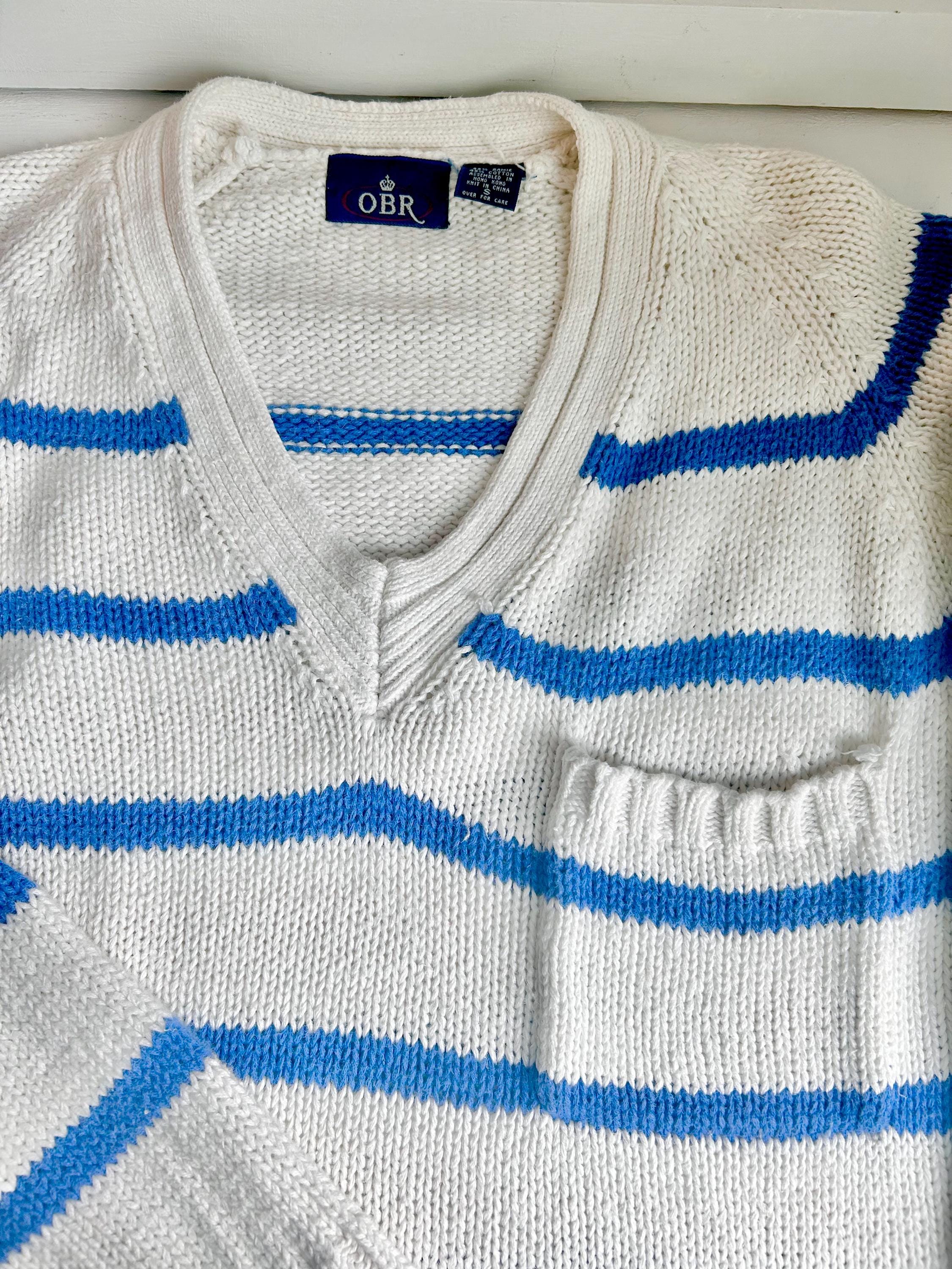 Vintage 80s Striped Cableknit Cropped Sweater - OBR Knits Small