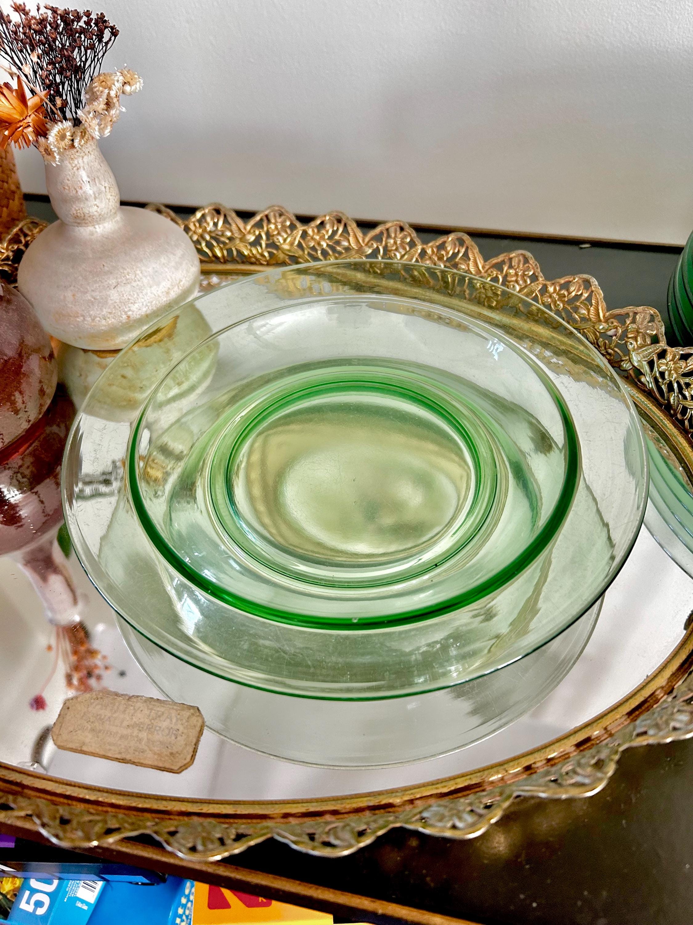 Vintage Uranium Green Heavy Pressed Glass Dish