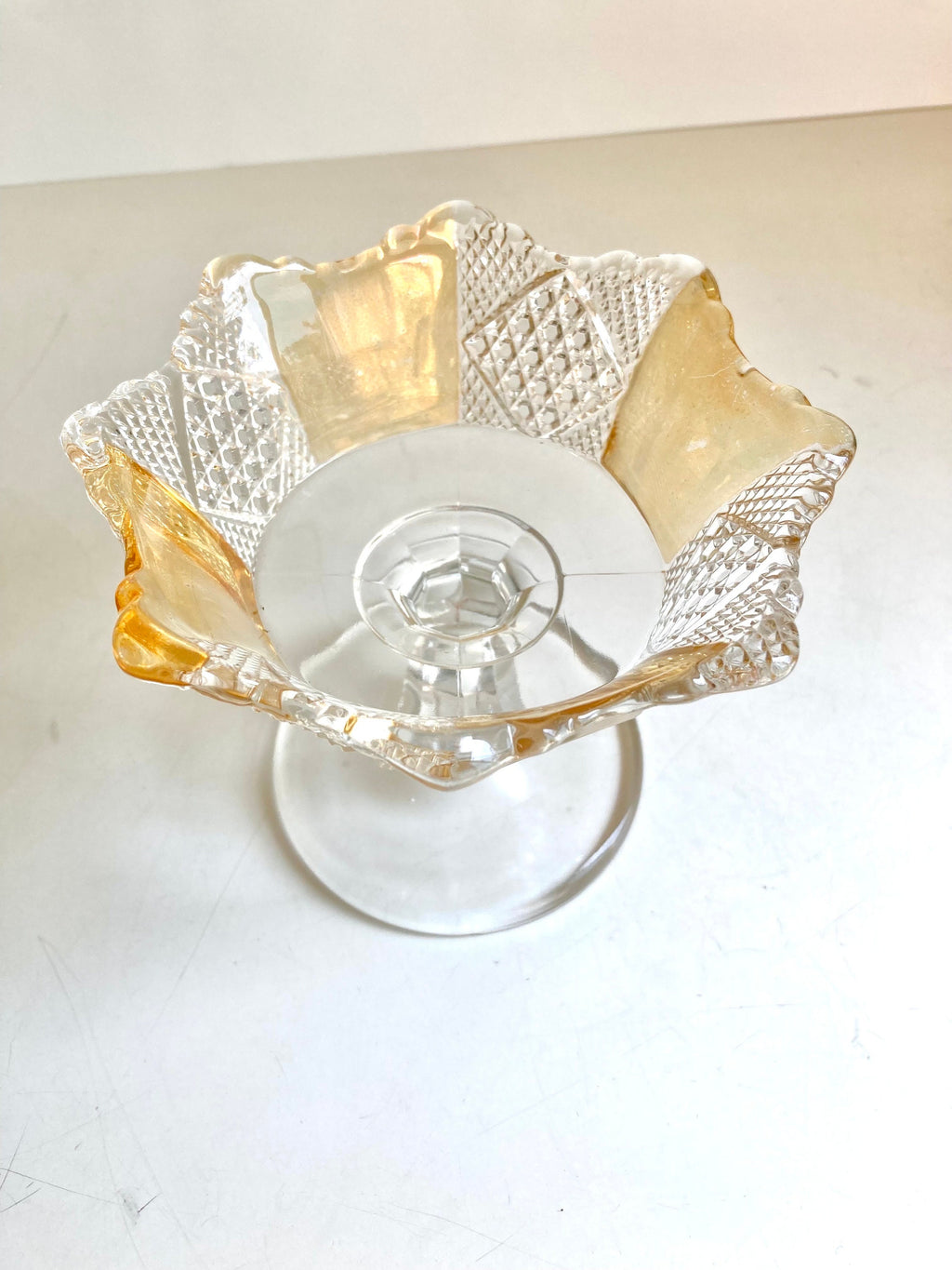 EAPG Amberette 8 Paneled Pedestal Compote Dish - Yellow and Clear, Scalloped Edge - 4.25" tall