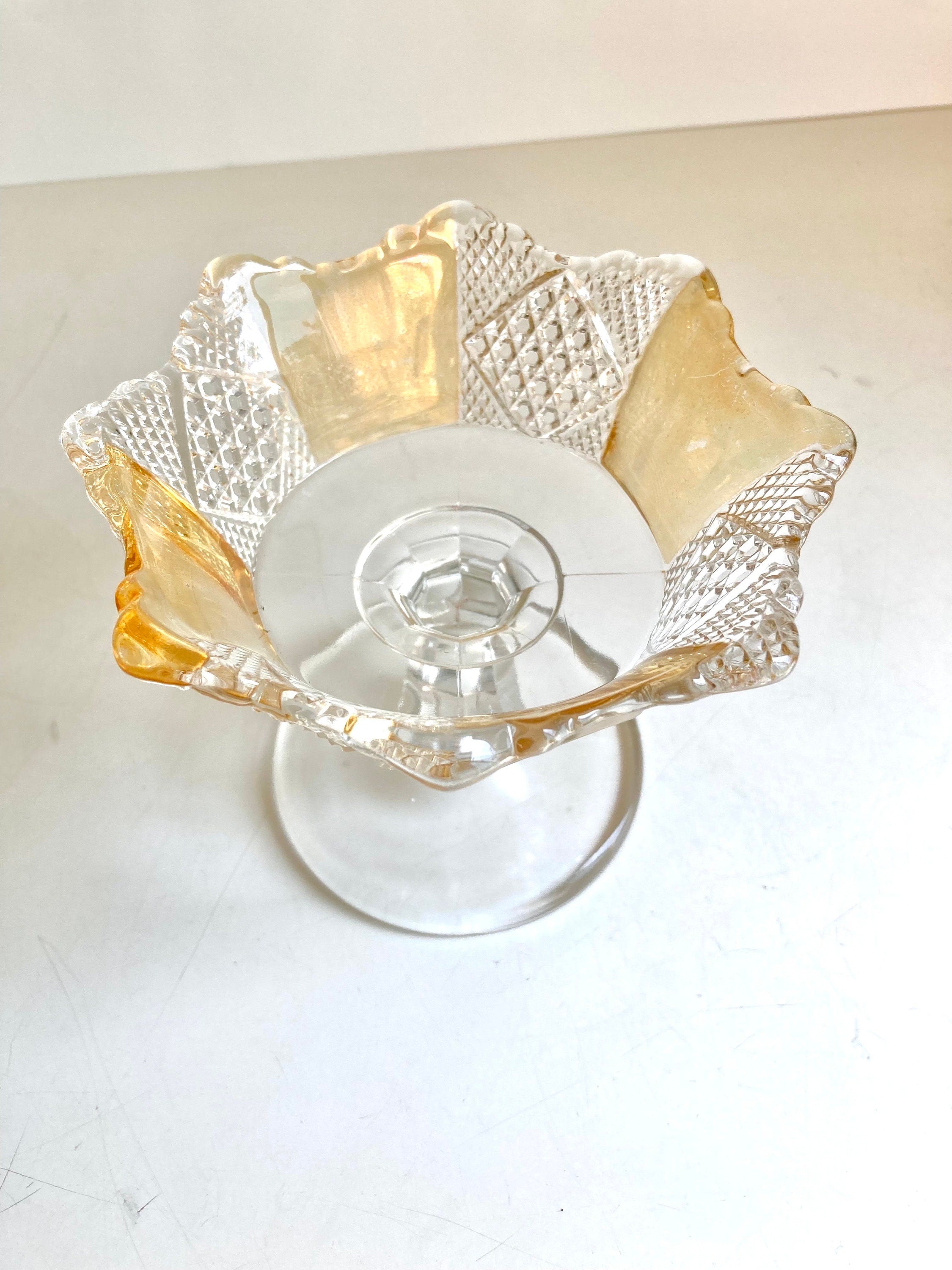 EAPG Amberette 8 Paneled Pedestal Compote Dish - Yellow and Clear, Scalloped Edge - 4.25" tall