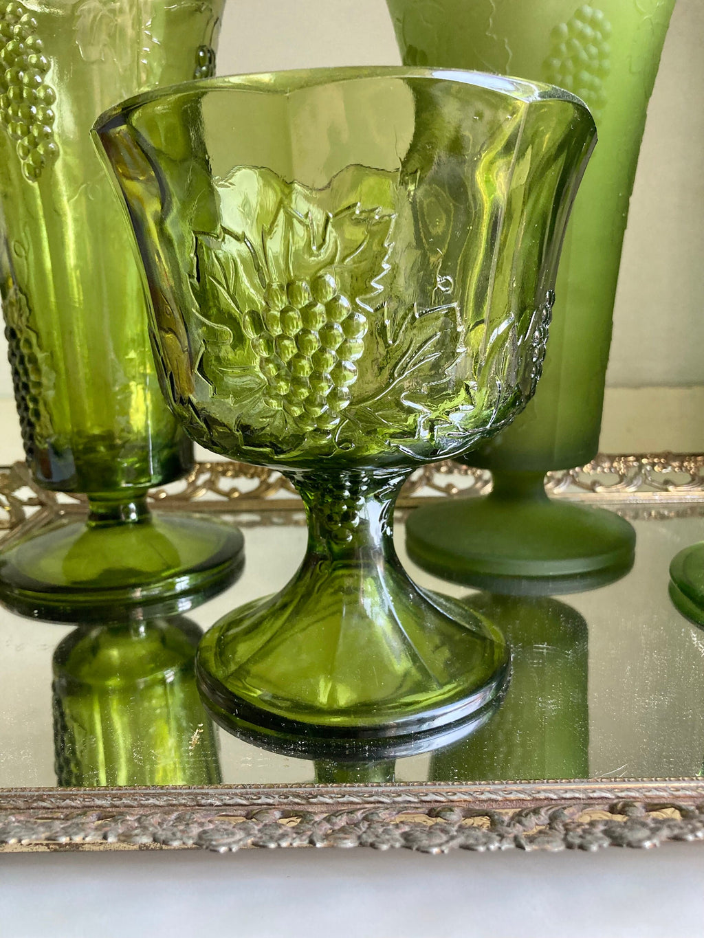 Vintage Green Glass Harvest Grape Pattern Pedestal Vases and Compote: Choose from 4