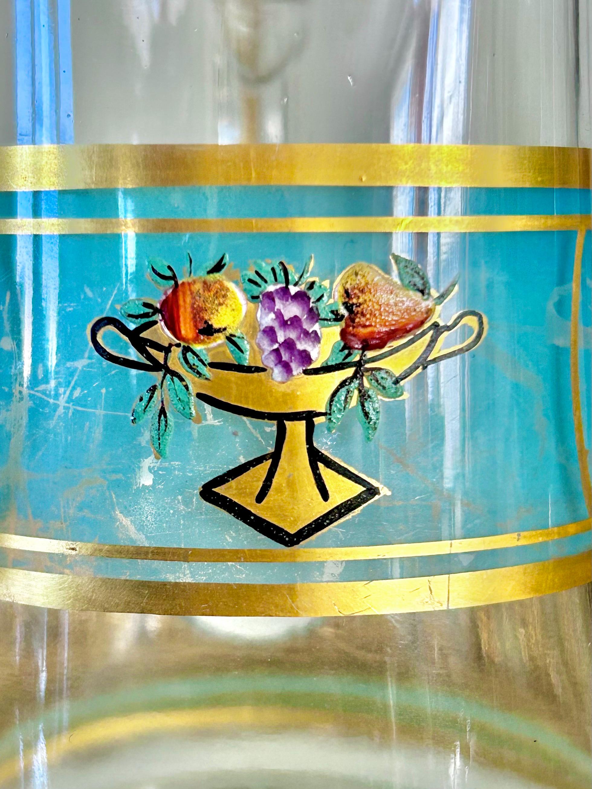 Vintage Hand-painted Small Glass Pitcher/Creamer with Under-plate, Blue and Gold Trim