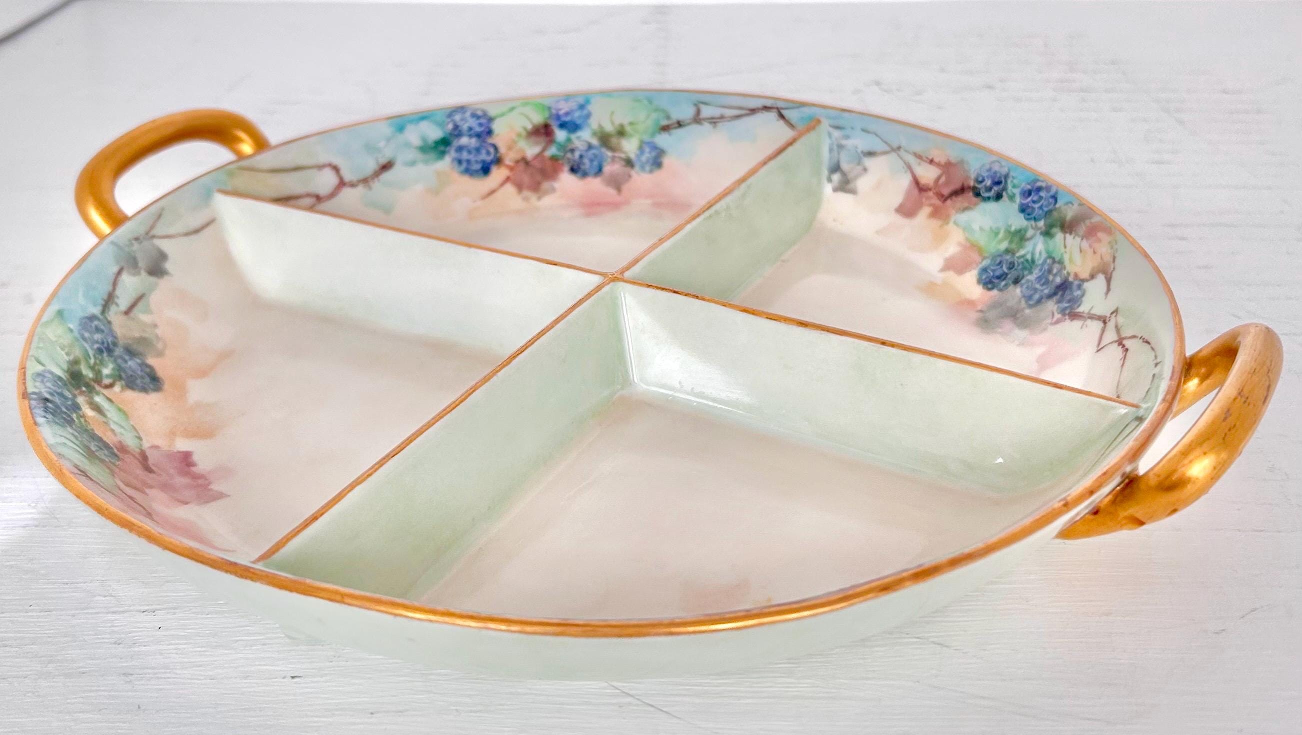 Vintage Noritake Divided Porcelain Dish Hand-painted With Berries