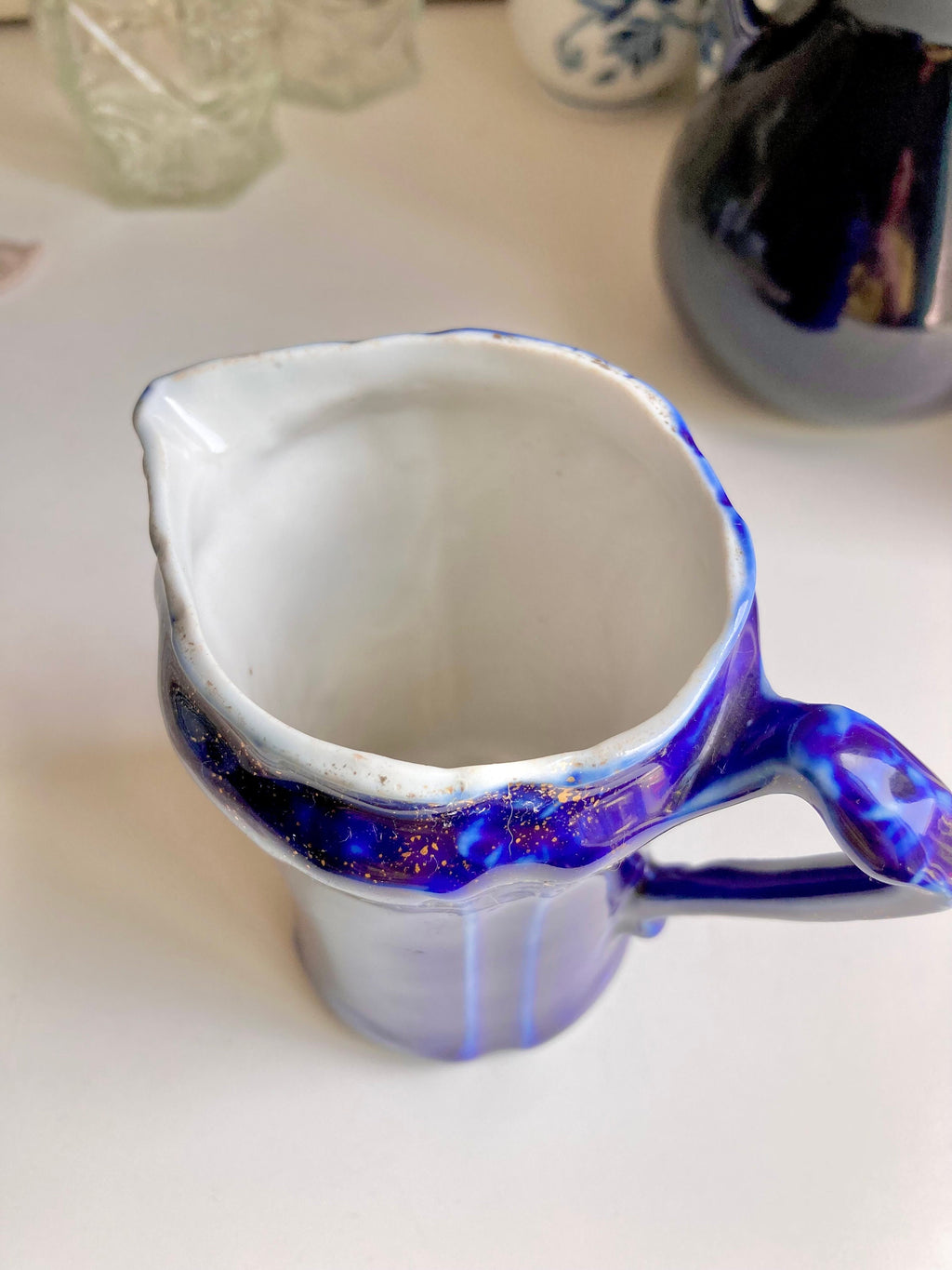Antique Blue Ceramic Creamer Pitcher: Flow Blue or Cobalt, Choice