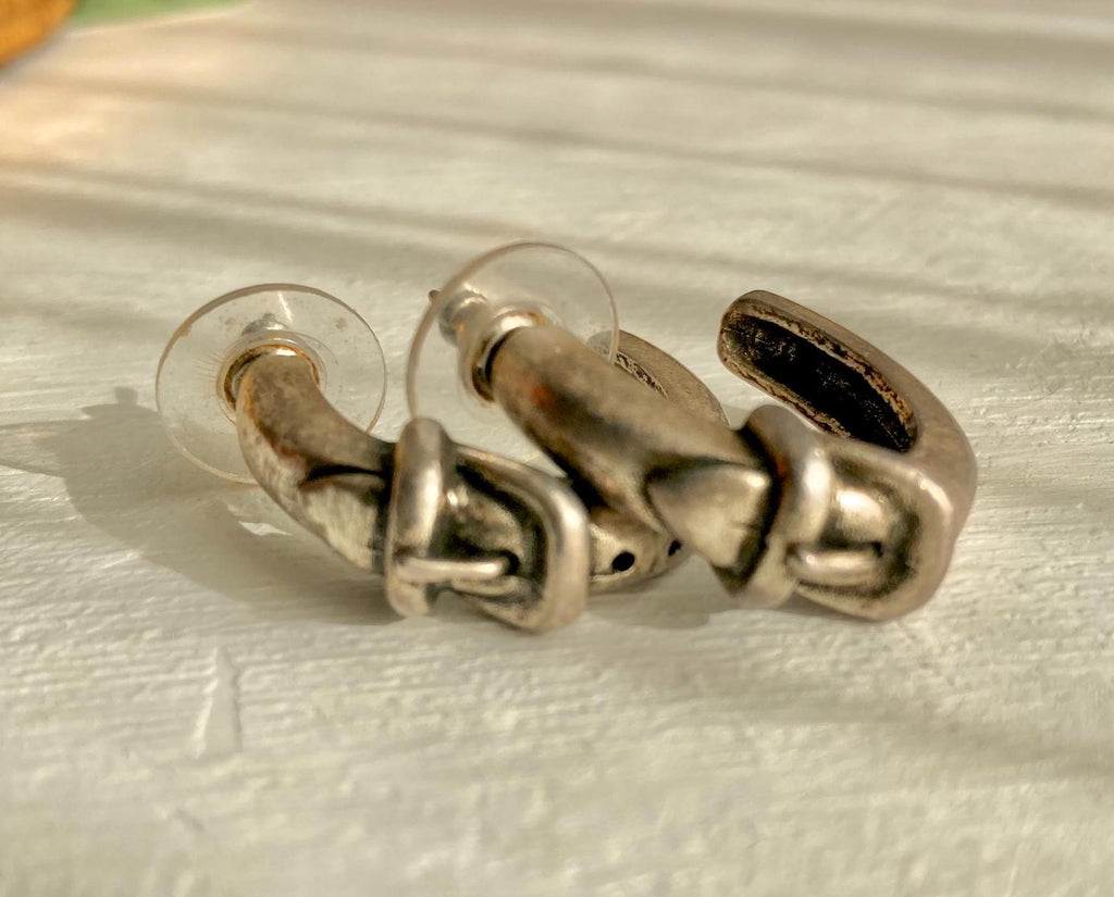Vintage GUESS Silver Tone Belt Buckle Hoop Earrings