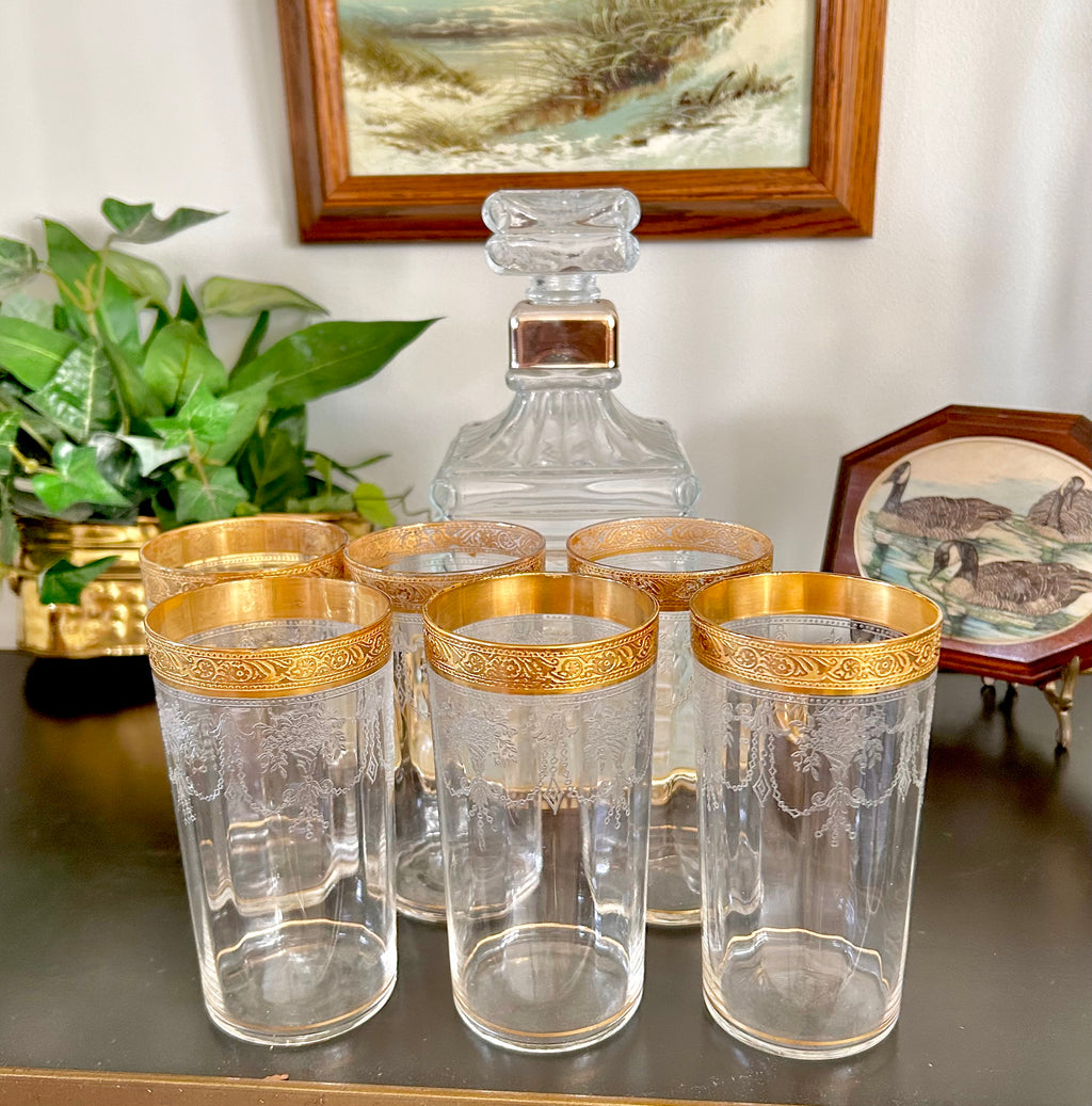 Midcentury Tiffin Ribbed Gilt Glass Tumblers set of 6