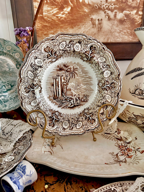 Antique Stained Worn Ironstone Transferware Dishes