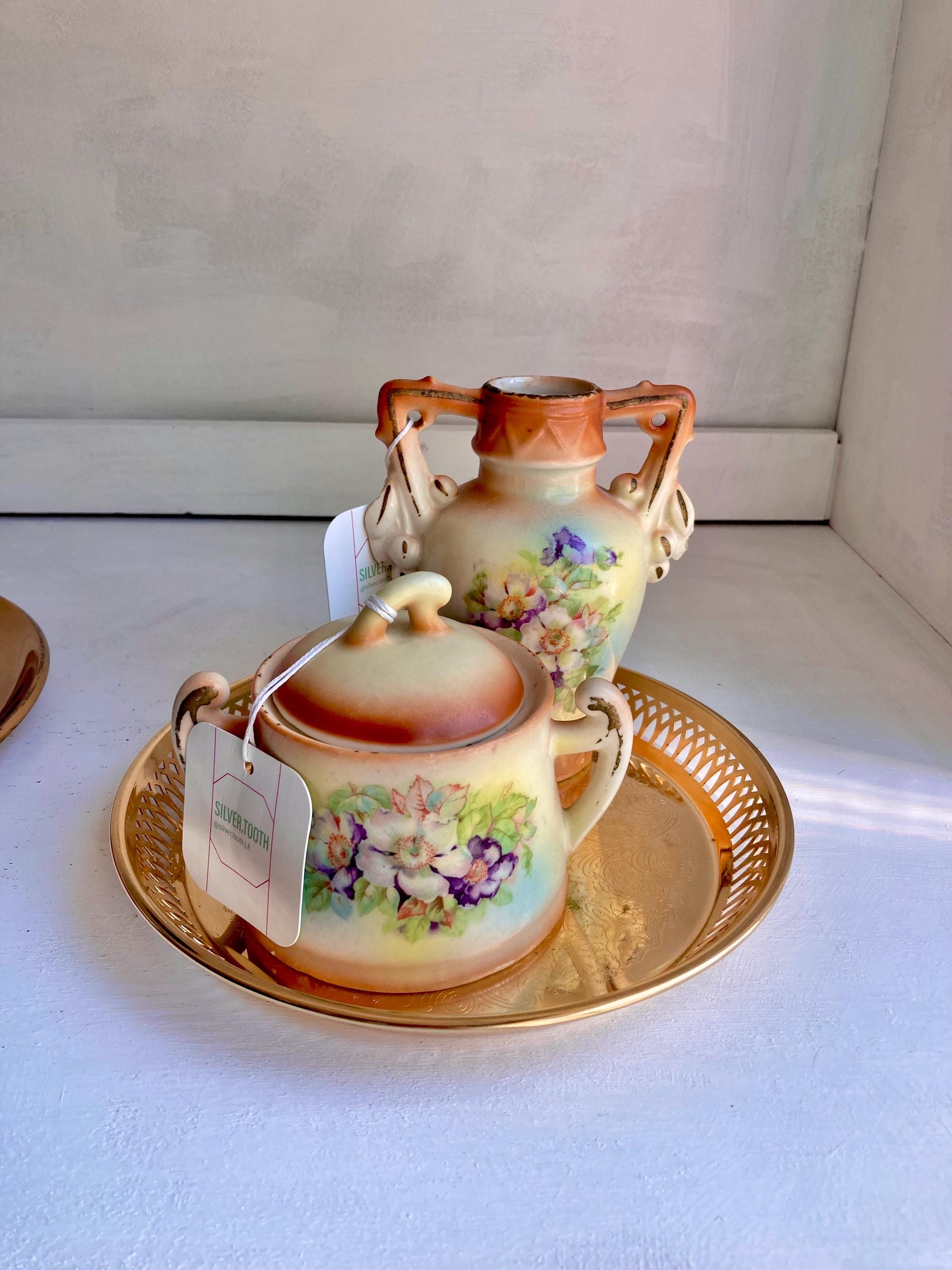 Vintage Czechoslovakia Dogwood Rose Ceramic Set: Lidded Sugar Bowl & Vase