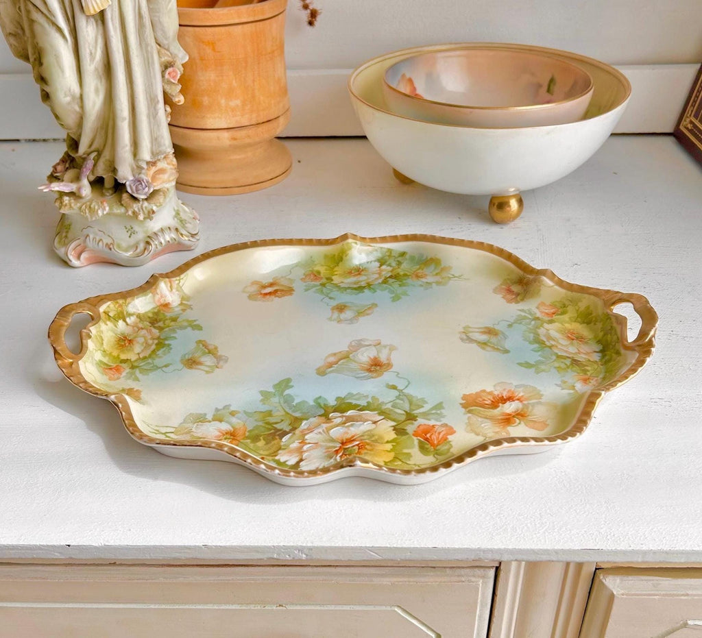 Antique Royal Rudolstadt Prussia Porcelain Tray: Hand-Painted, Gold Trim