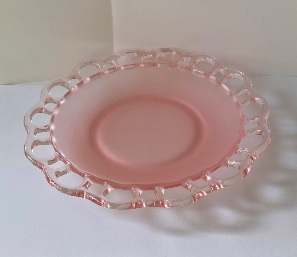 Frosted Pink Anchor Hocking Depression Glass - open lace edge -8.5" diameter