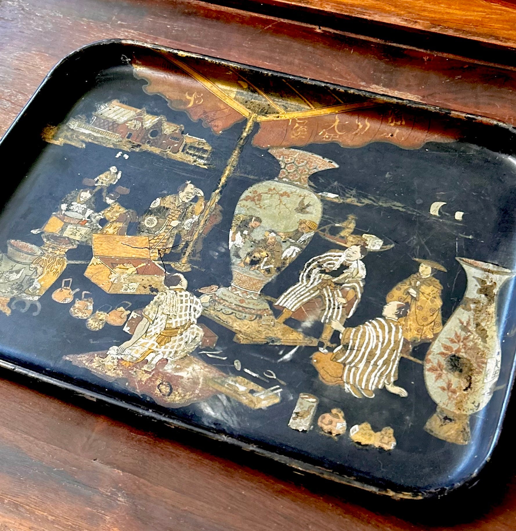 Antique 19th Century English Papier Mache Tray Chinoiserie Motif