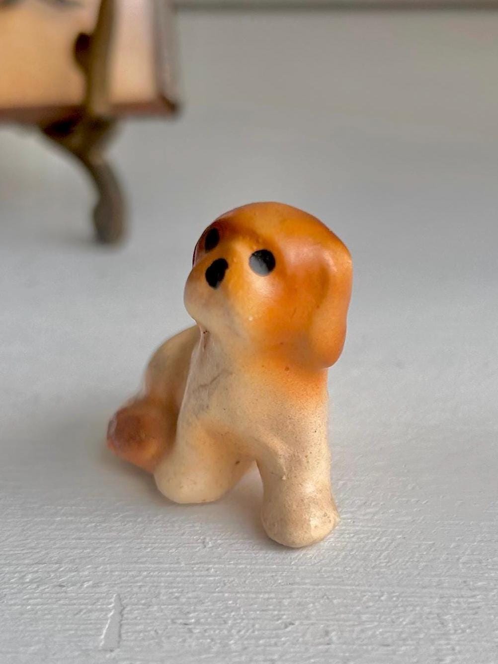 Vintage Teensy Ceramic Tawny Pup - Hand painted dog figurine 1 inch seated pup