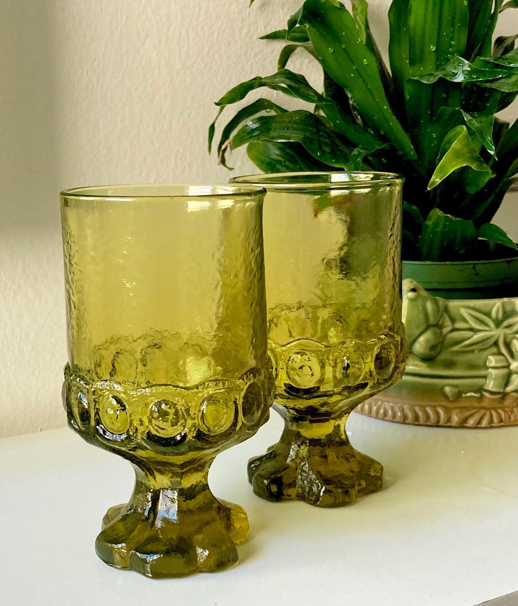 MCM Avocado Green Glass Tiffin Madeira Footed Tumblers - Thick Textured Goblets - SOLD INDIVIDUALLY
