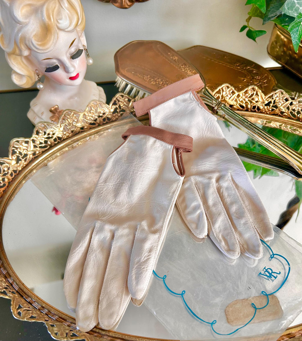 vintage Van Raalte Nylon Gloves in Cream, Brown