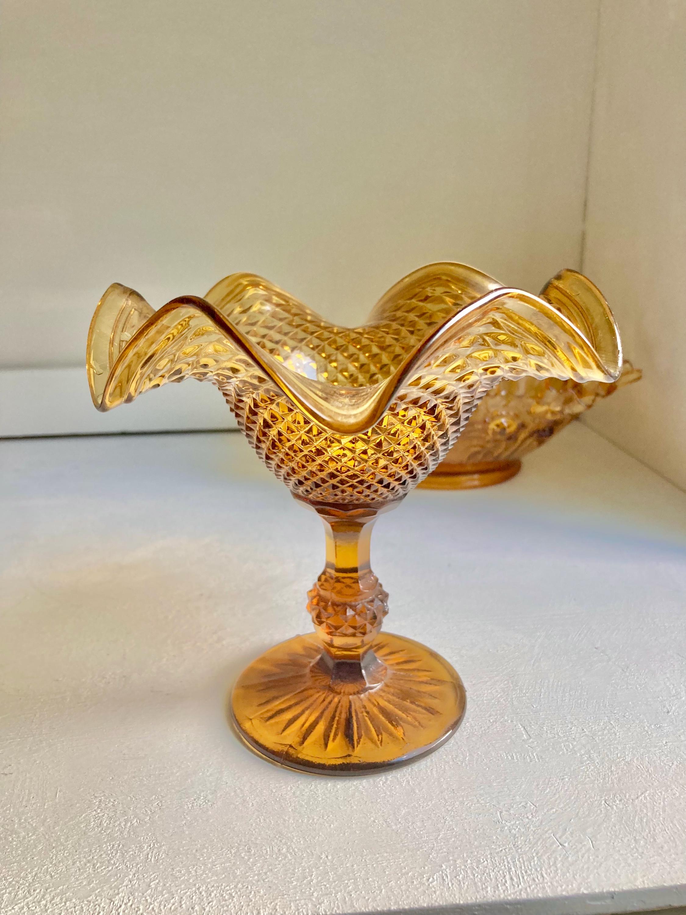Vintage Amber Art Glass Bowl: Fenton, IVIMA Ruffled Rim Compote