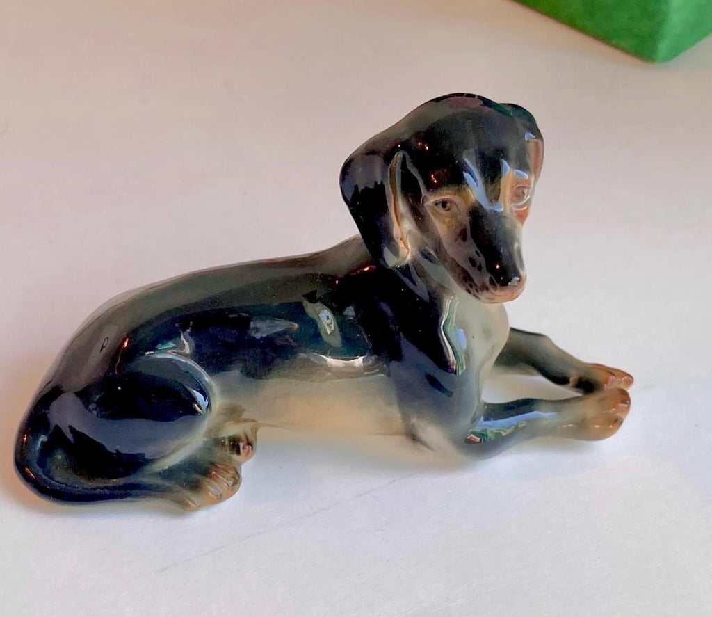 Vintage German-made Ceramic Dog Figurine - Hand painted Lifelike reclining Dacshund