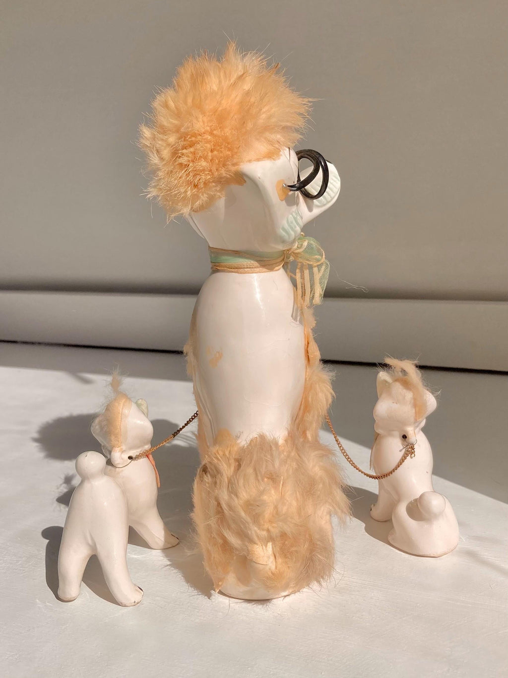 Midcentury Anthropomorphic Ceramic White Poodle mom + 2 pups - Japan