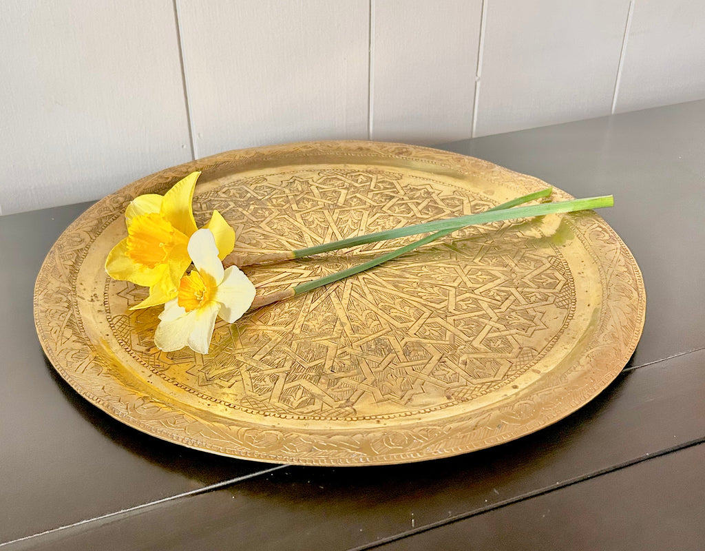 Vintage Solid Brass Round Tray with Moroccan Motif