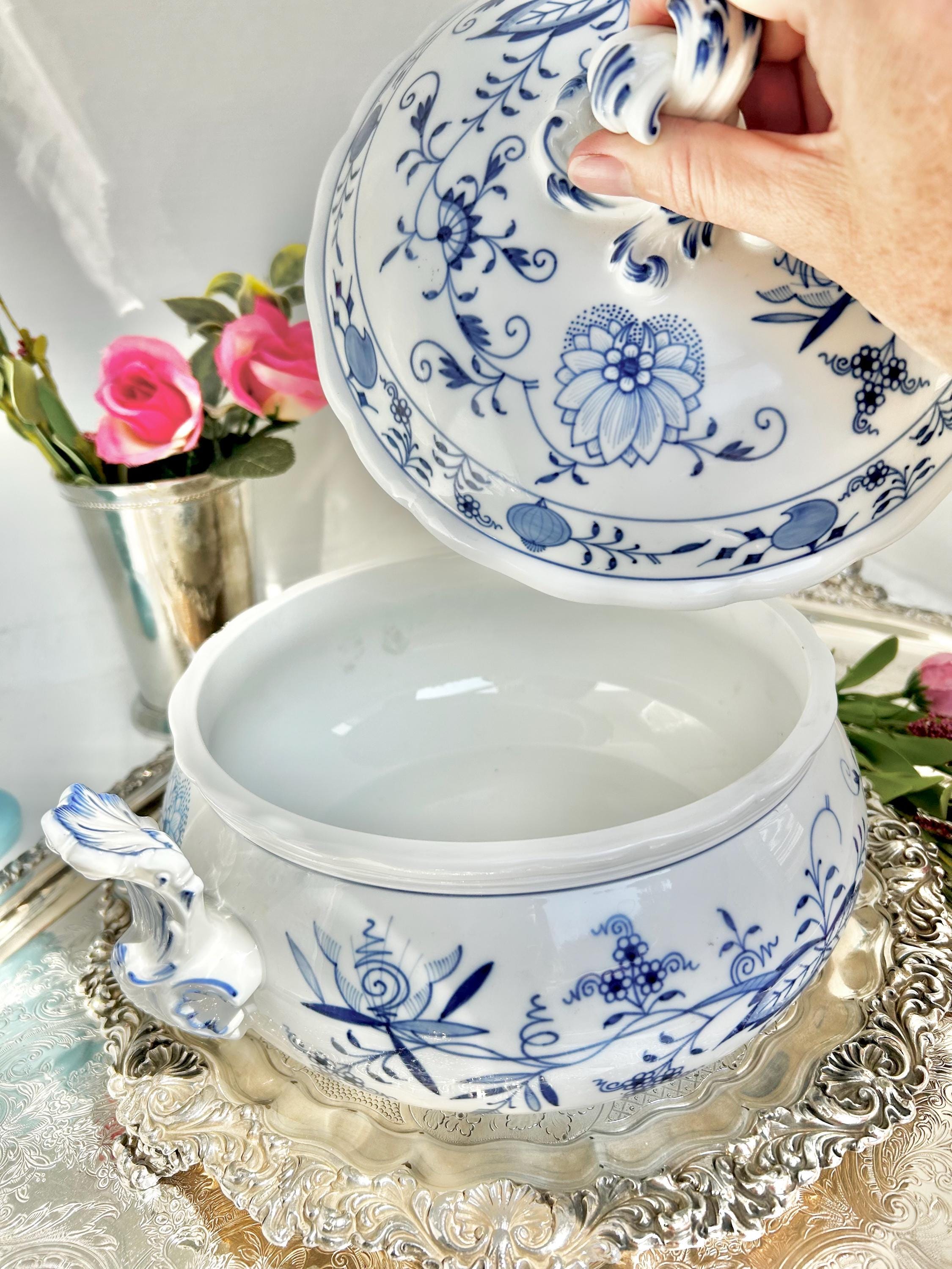 Meissen Porcelain Blue Onion Tureen - Blue Sword Backstamp Scroll Finial Lid - Newer production