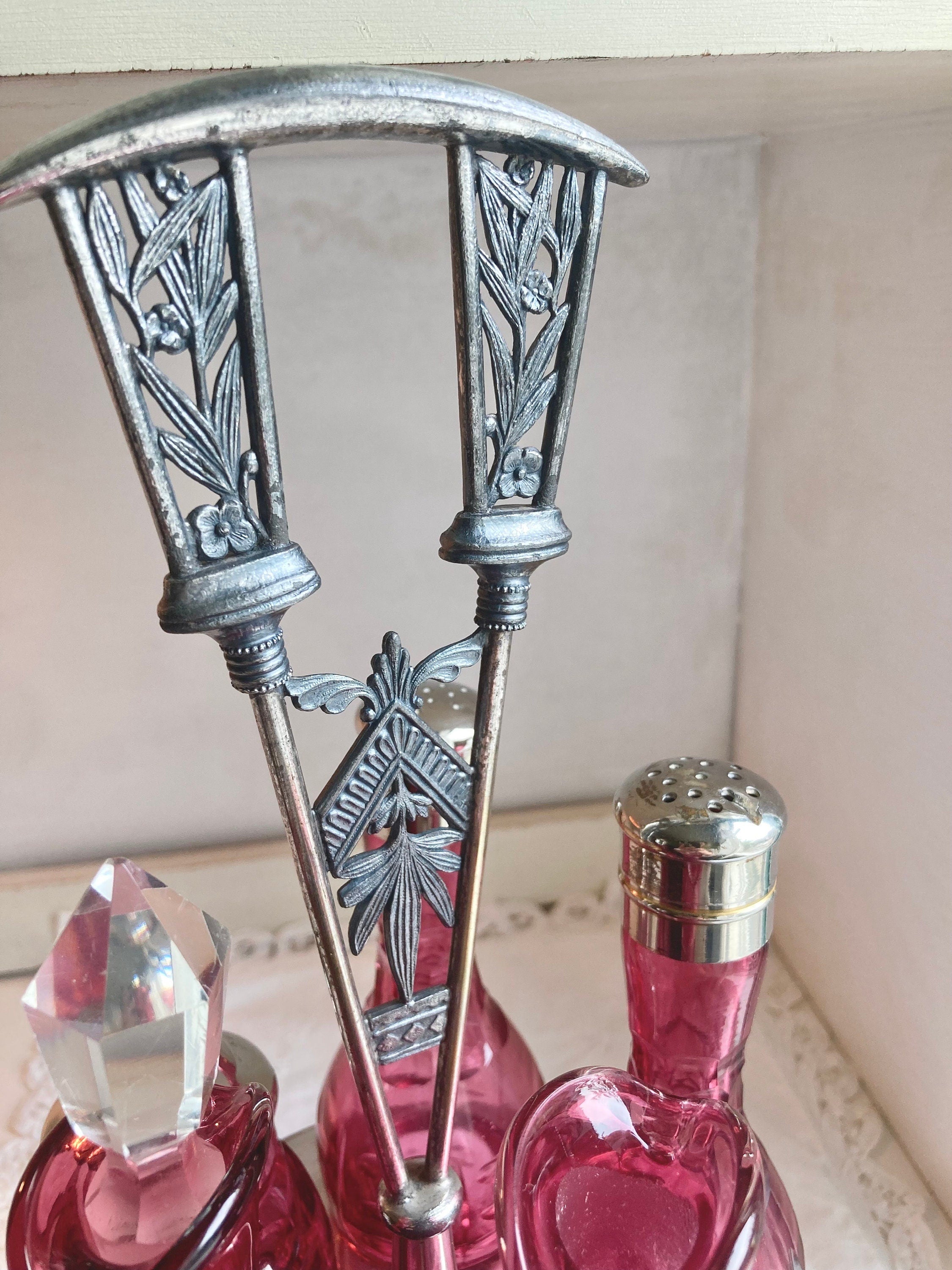 Antique Meriden Silver Plated Cruet Set: Cranberry Thumbprint Glass Bottles
