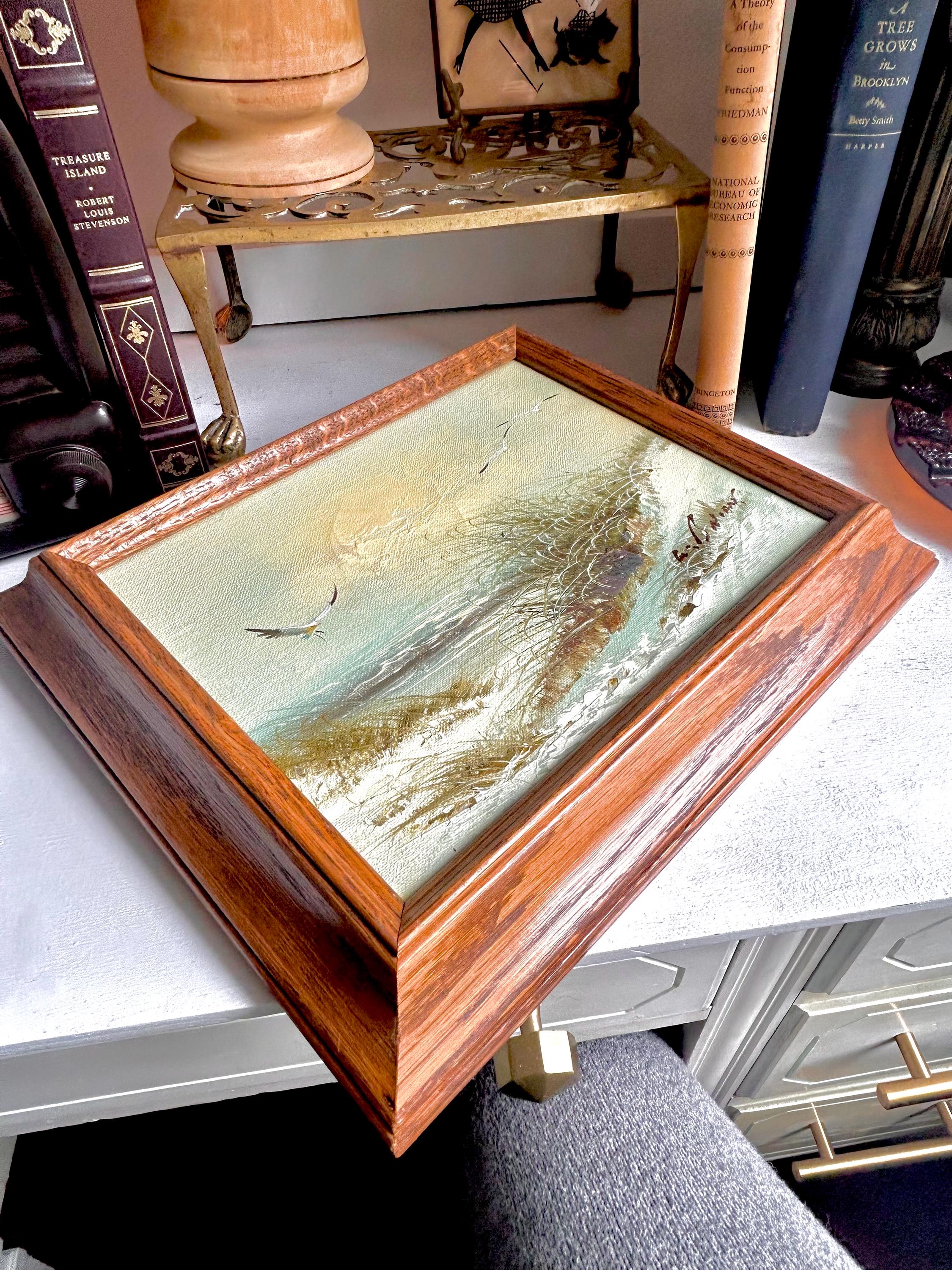 Vintage Seaside Painting - Original Signed Beach Scene in Oak Frame