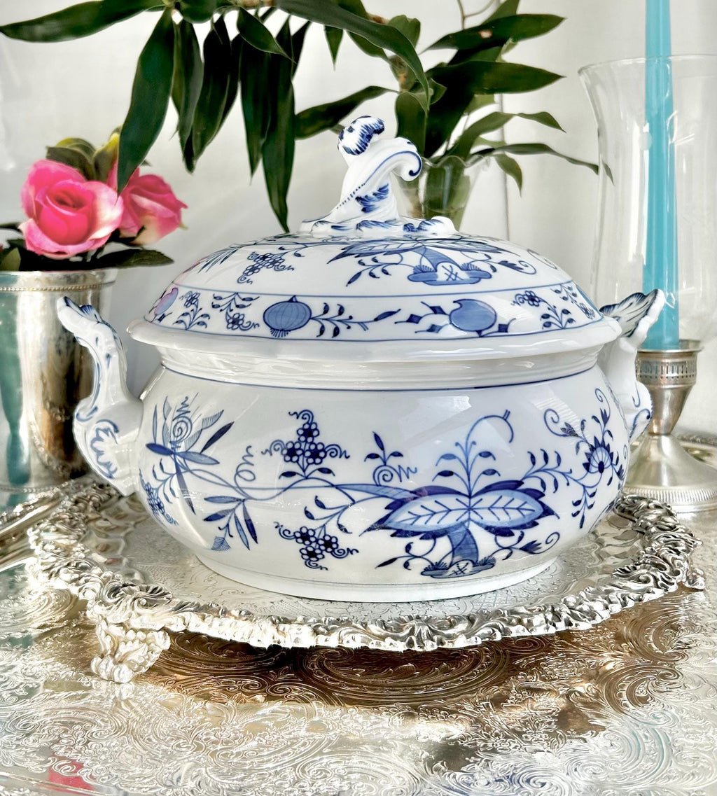 Meissen Porcelain Blue Onion Tureen - Blue Sword Backstamp Scroll Finial Lid - Newer production