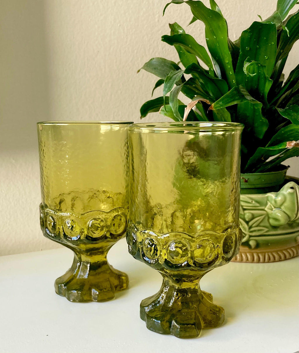 MCM Avocado Green Glass Tiffin Madeira Footed Tumblers - Thick Textured Goblets - SOLD INDIVIDUALLY
