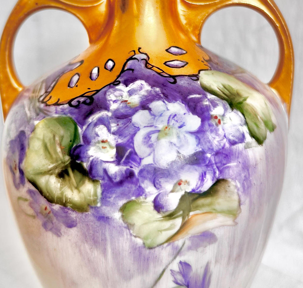 Antique Austrian Porcelain Vase with Handpainted Gold and Violets