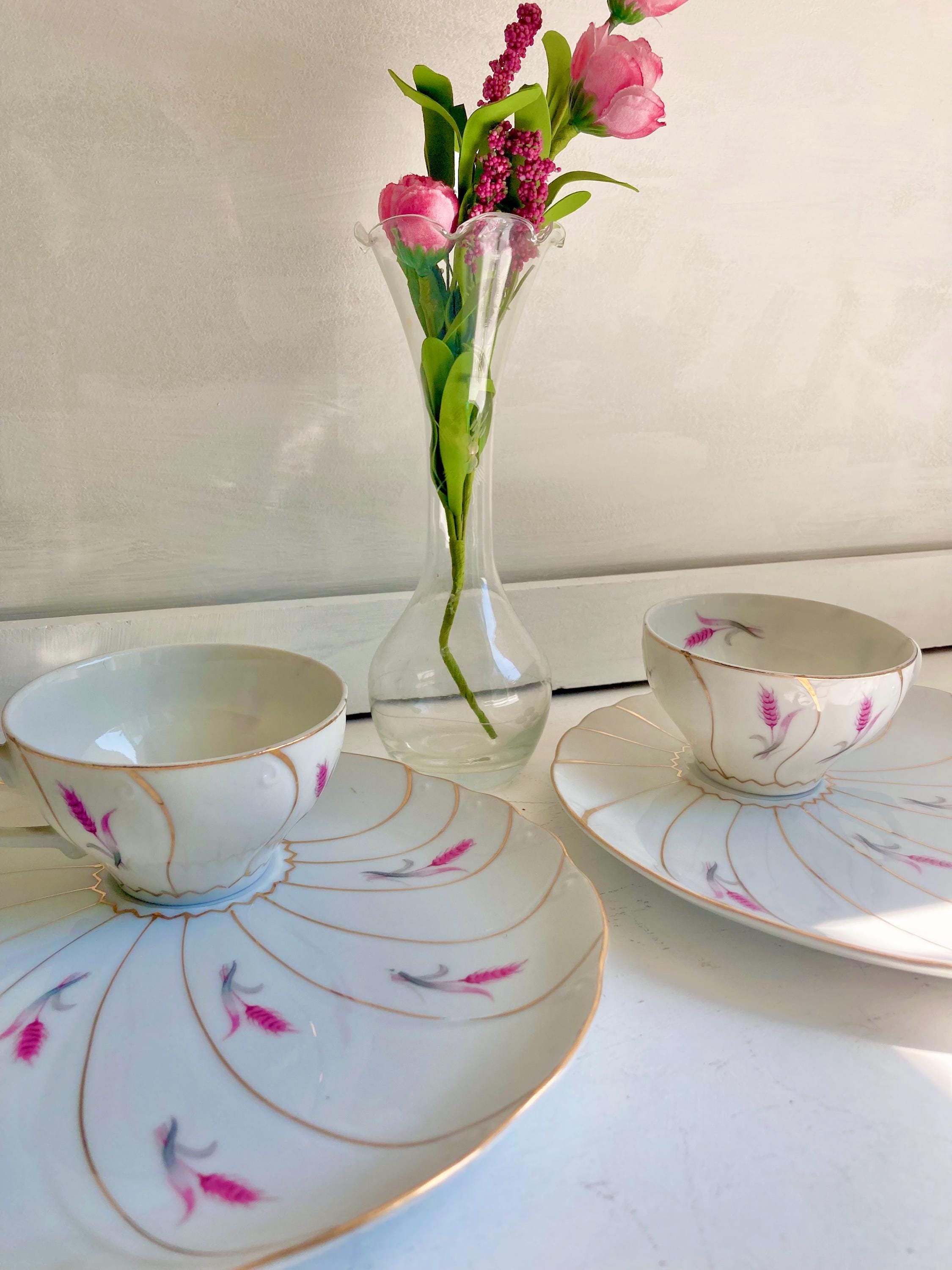 Vintage Yamaka Japan Porcelain Snack Set: Pink Wheat & Gold