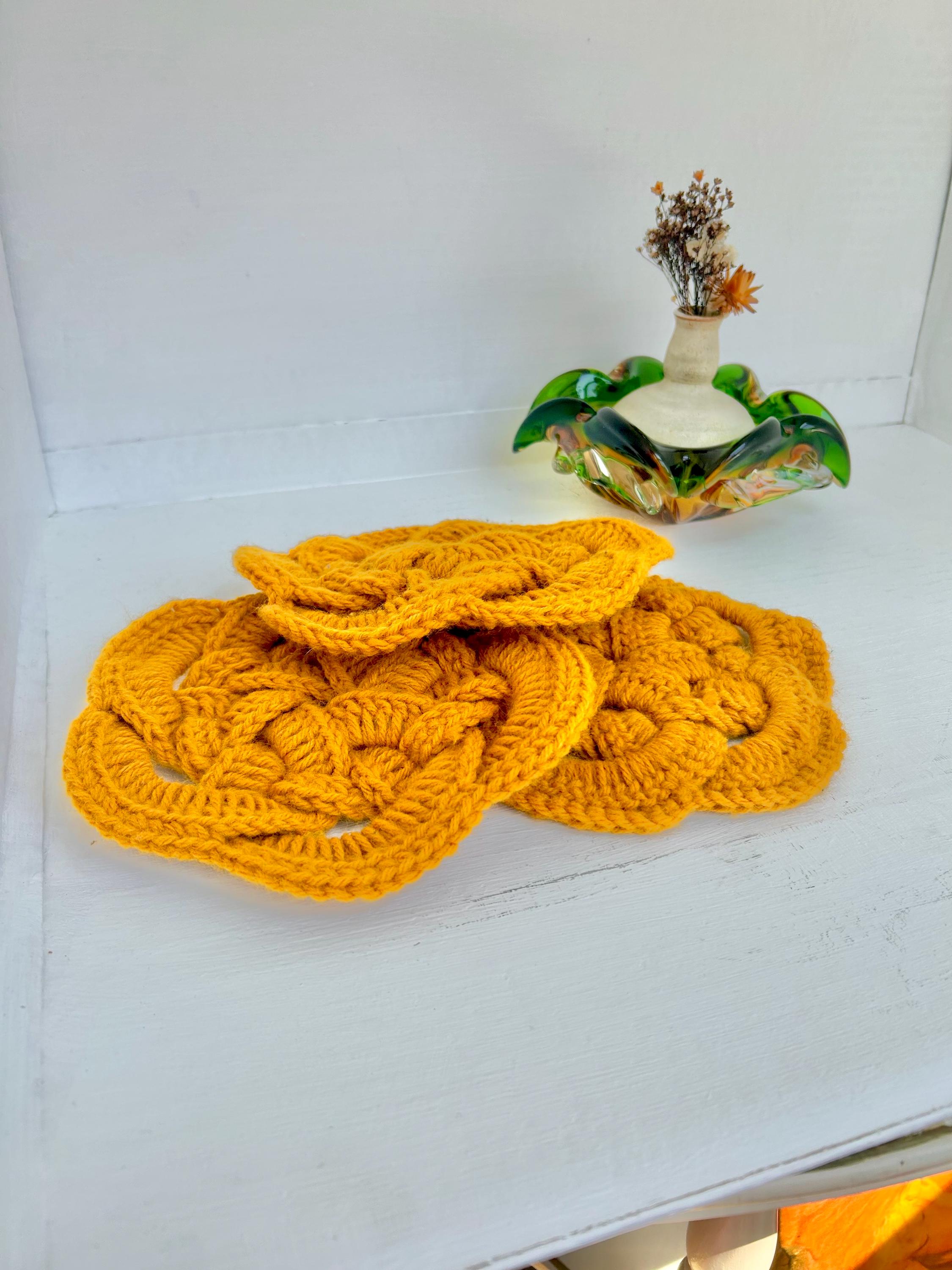 Vintage Crocheted Trivets: Mustard Yellow Braided Coasters, Set of 3