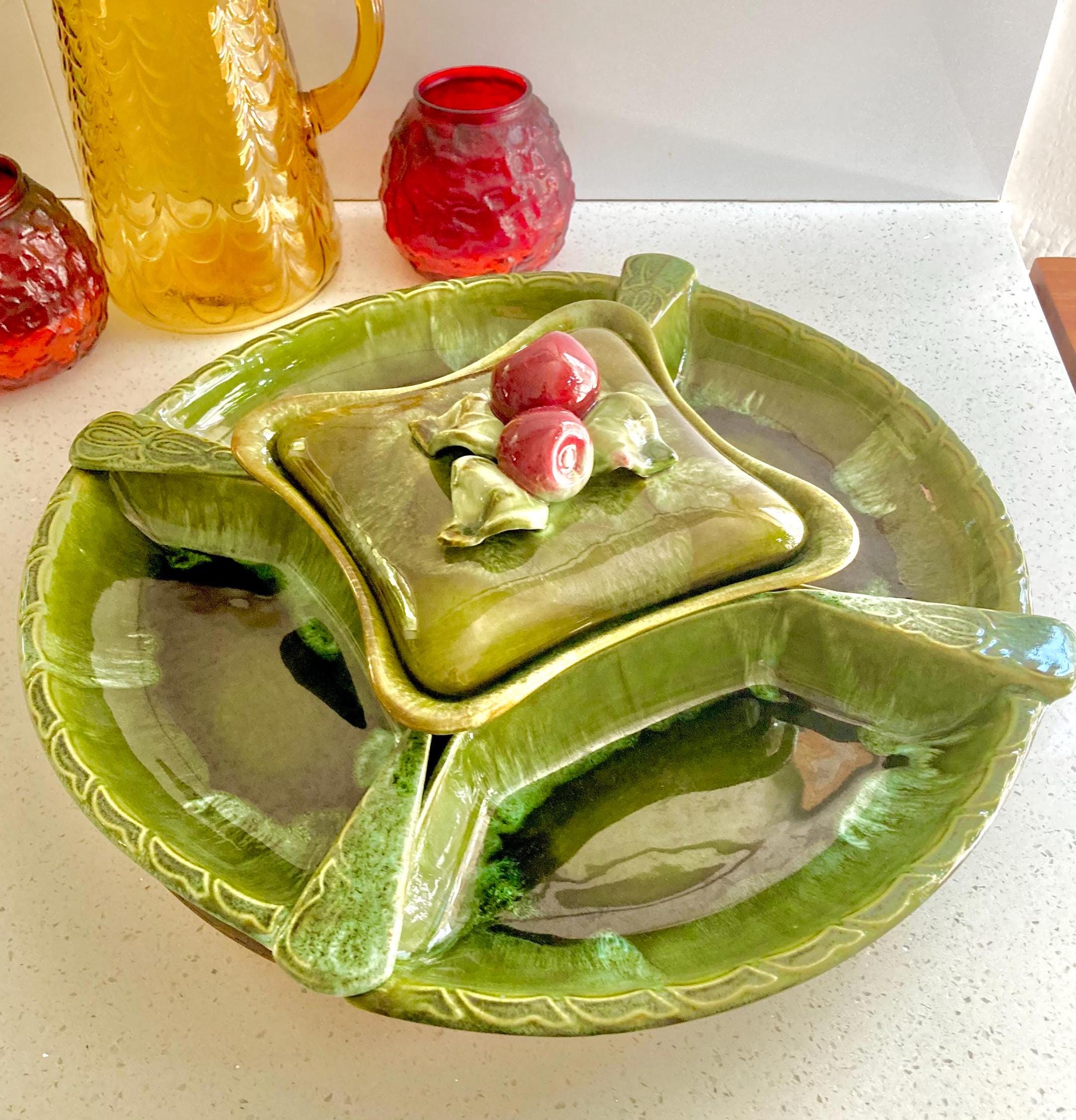 Vintage Wade Calif. Ceramics Party Platter: Apple Lidded Bowl Lazy Susan