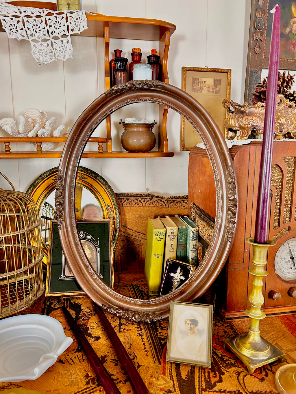 Antique Wooden Oval Frame with Carved Floral Garland