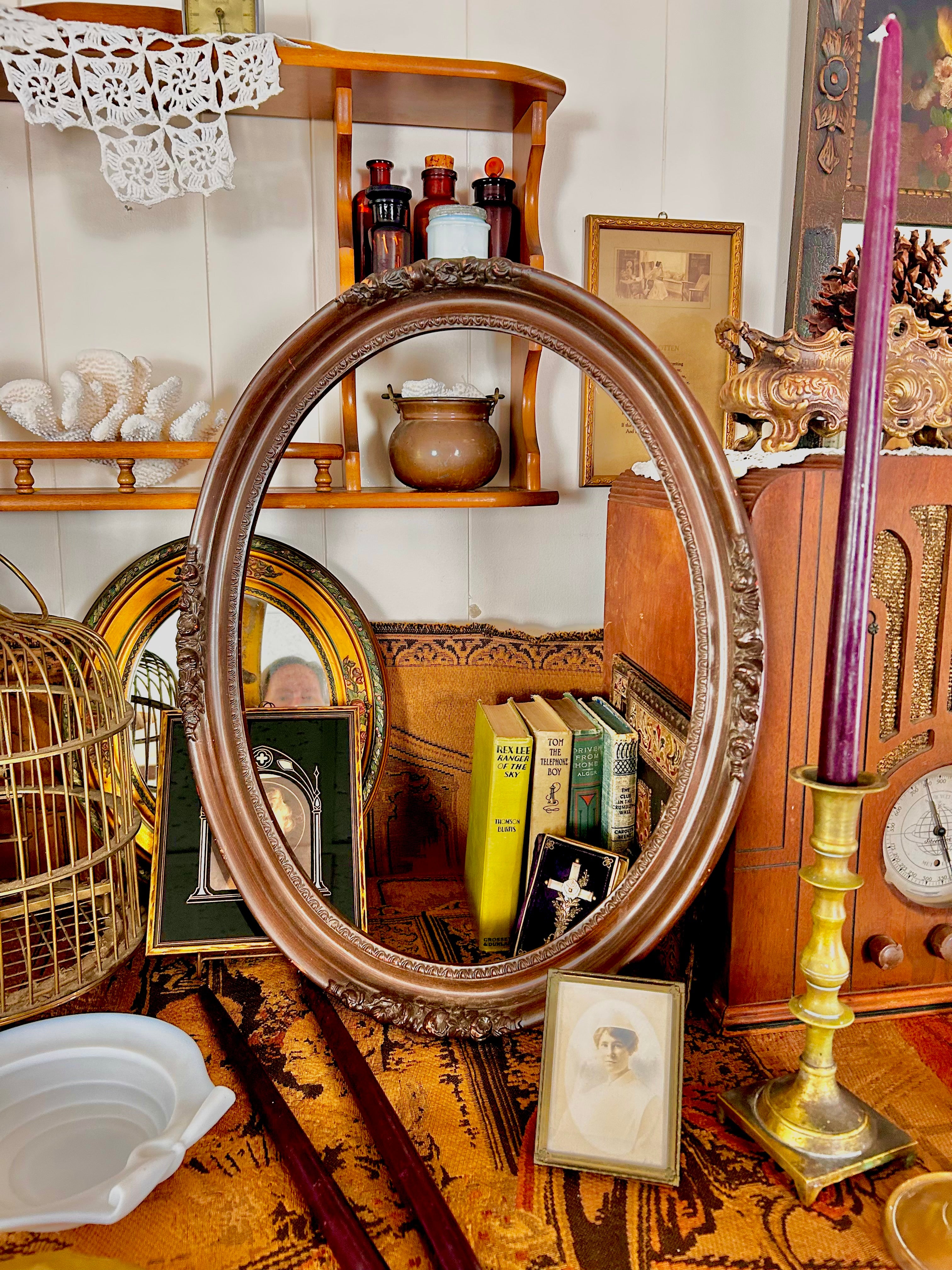 Antique Wooden Oval Frame with Carved Floral Garland