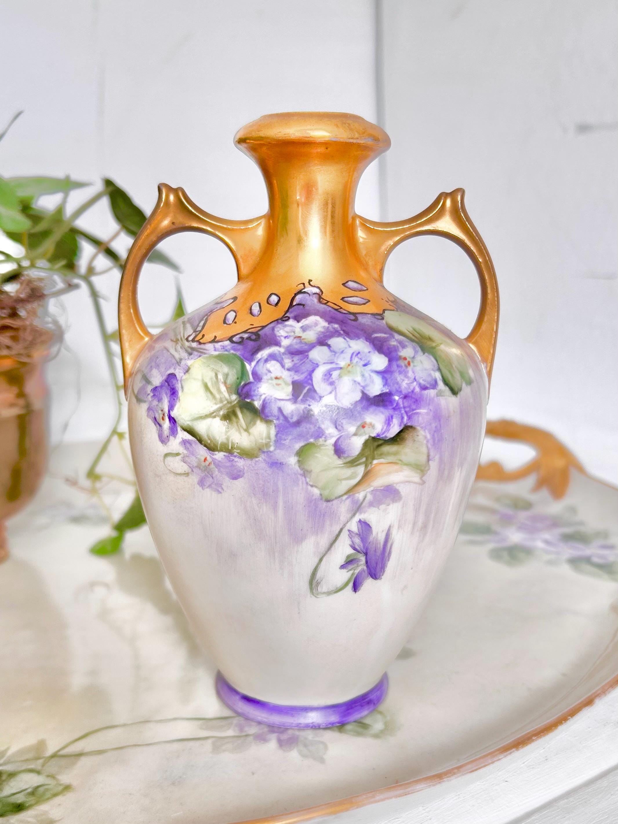 Antique Austrian Porcelain Vase with Handpainted Gold and Violets