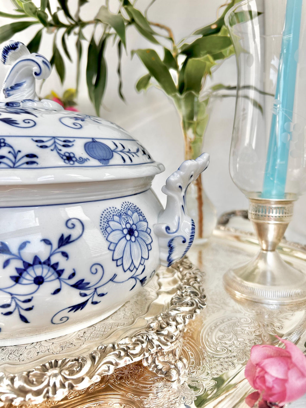 Meissen Porcelain Blue Onion Tureen - Blue Sword Backstamp Scroll Finial Lid - Newer production