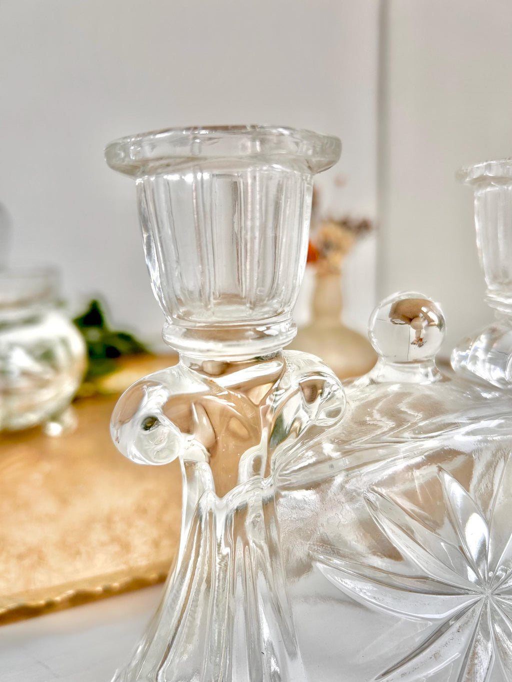 Vintage Anchor Hocking Prescut Double Candlestick Holder - Heavy Pressed Cut Clear Glass Candelabra